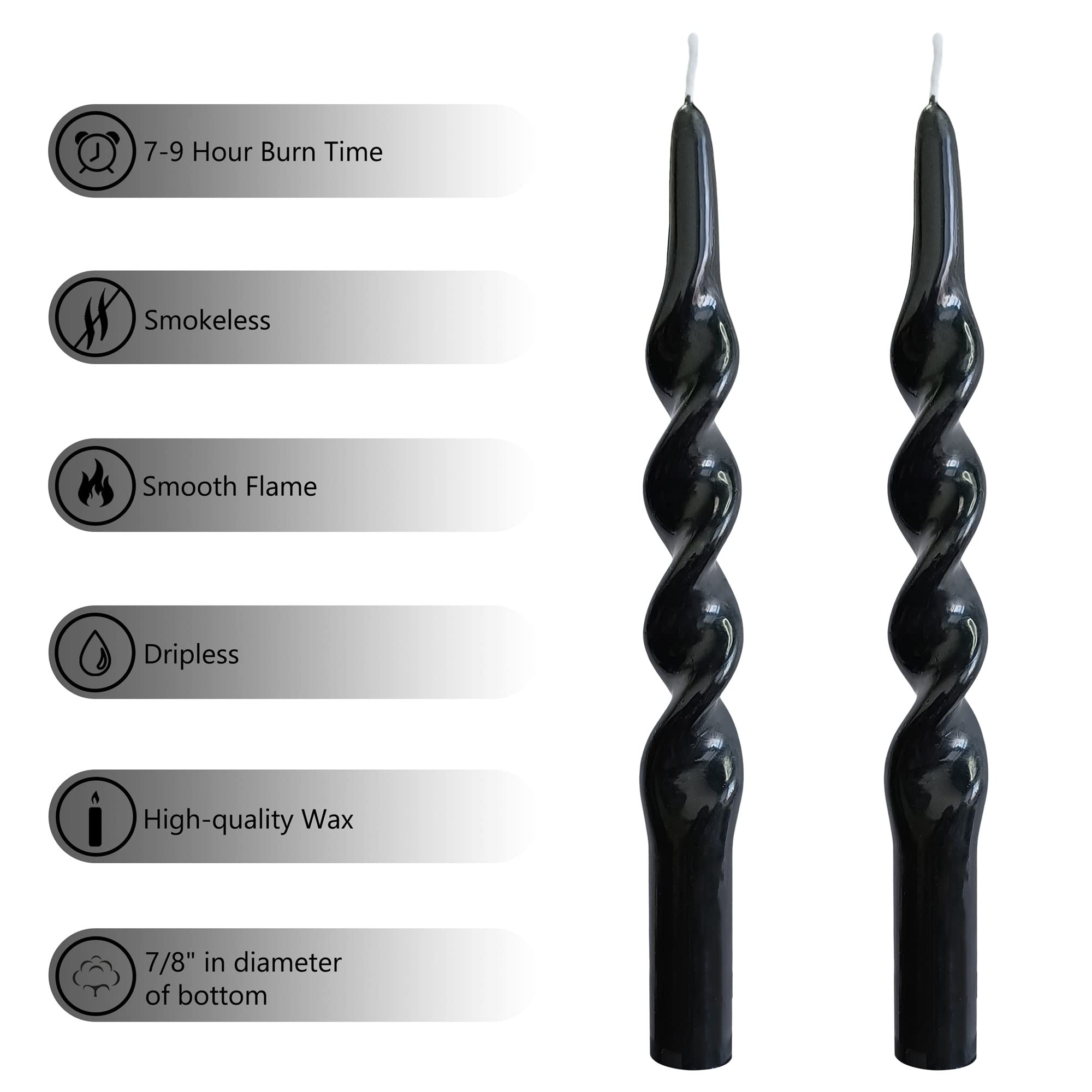 Elegant Black Taper Candles - 2 Pack 10 Inch Tall Spiral Twist Candlesticks for Religious Ceremonies, Romantic Dinners & Housewarming Gifts | Premium Dinner Table Decor & Home Decoration