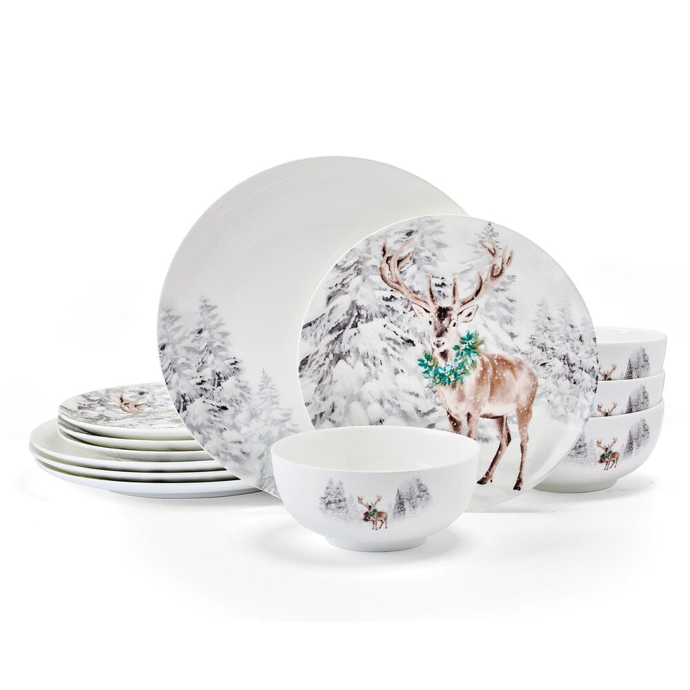 Woodsy Winter 12-Piece Dinnerware Set - Service for 4 - Elegant Porcelain Plates, Bowls & Mugs - Perfect for Holiday Dinners, Family Gatherings & Cozy Winter Meals