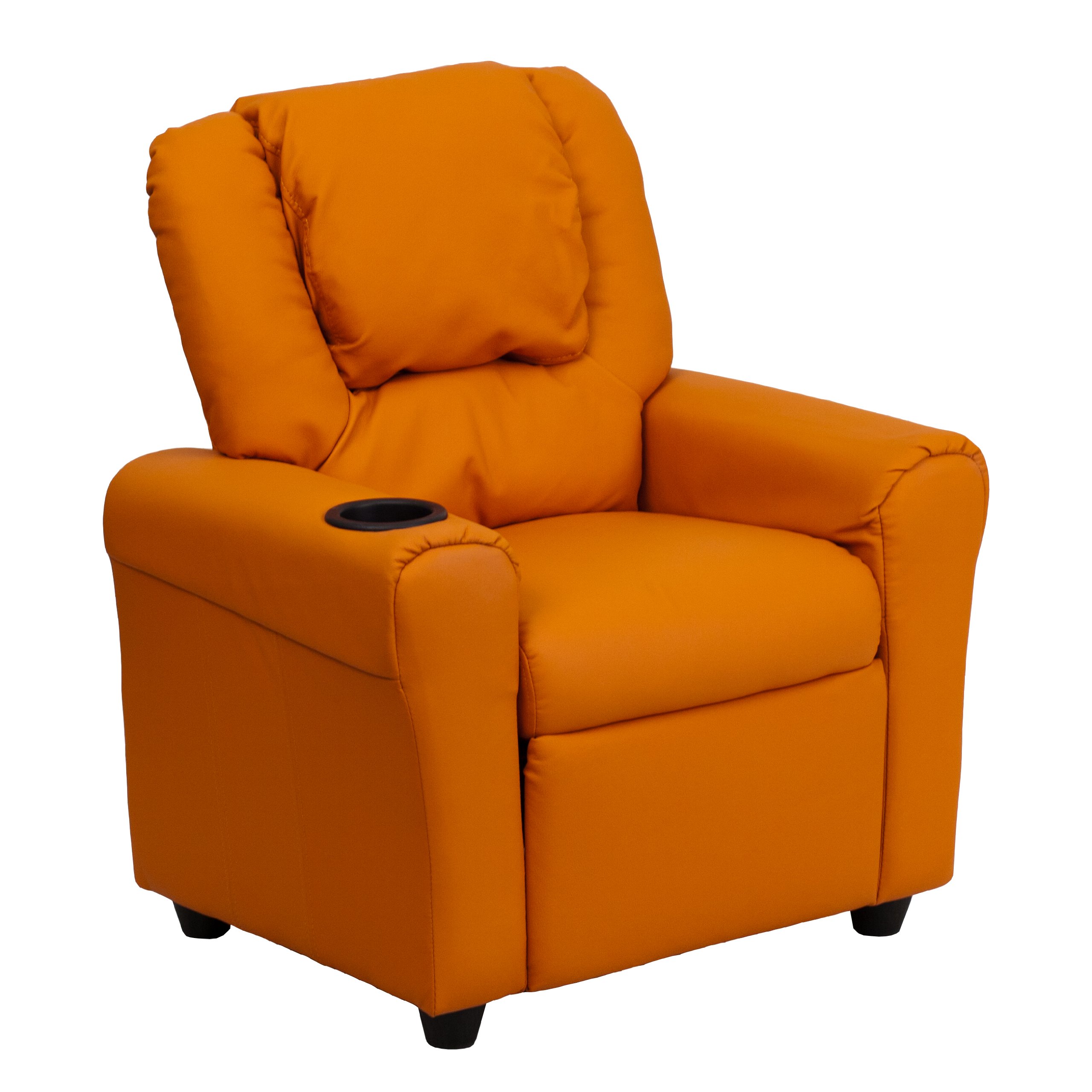 Kids Recliner Chair with Cup Holder & Headrest - Soft Orange Vinyl for Playroom, Bedroom or TV Room - Comfortable Children's Furniture for Reading & Relaxing