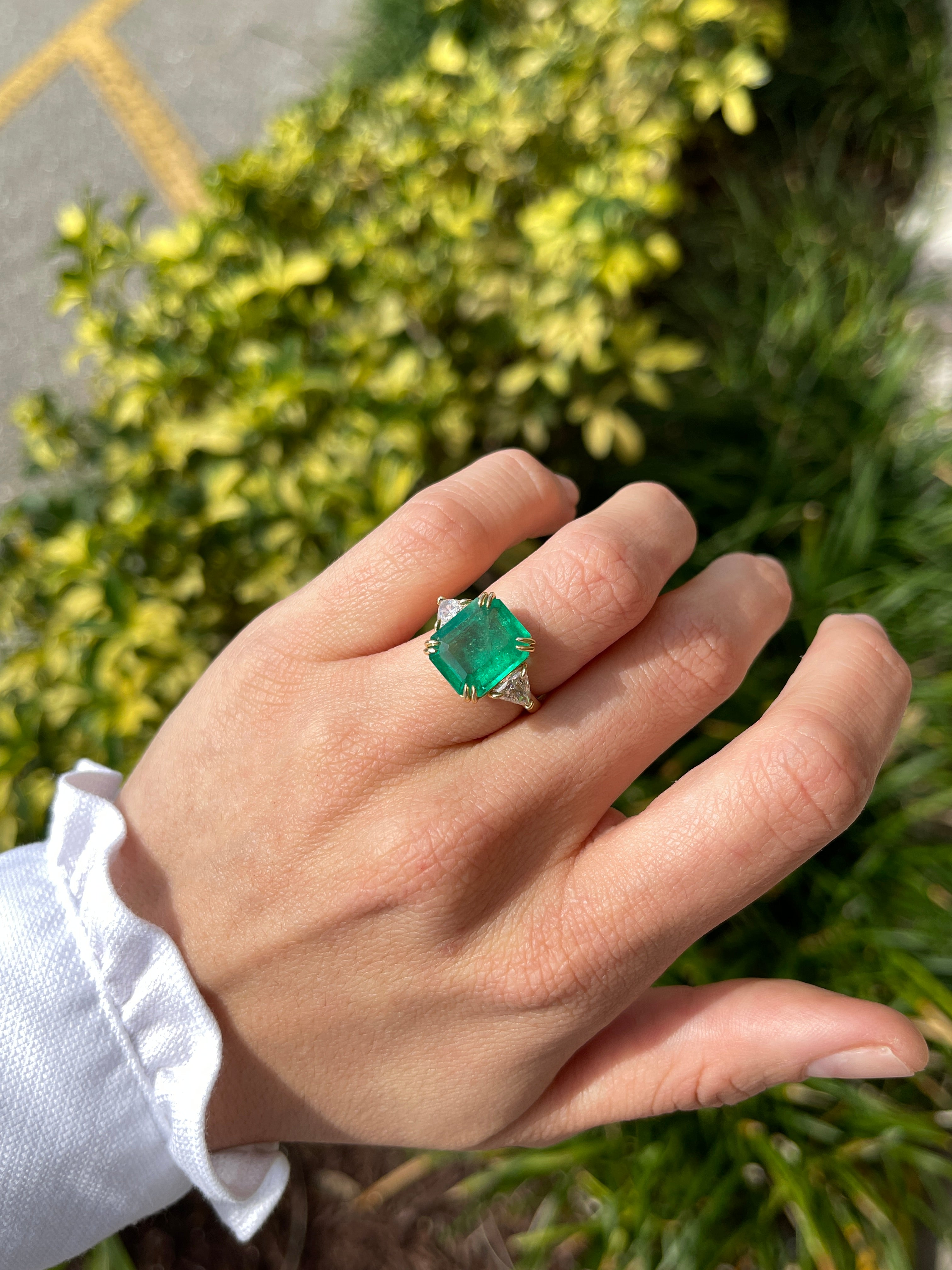 7.15tcw Muzo Colombian Emerald & Natural Trillion Diamond Three Stone 18K White Gold Ring - Elegant Jewelry for Engagement, Anniversary & Special Occasions