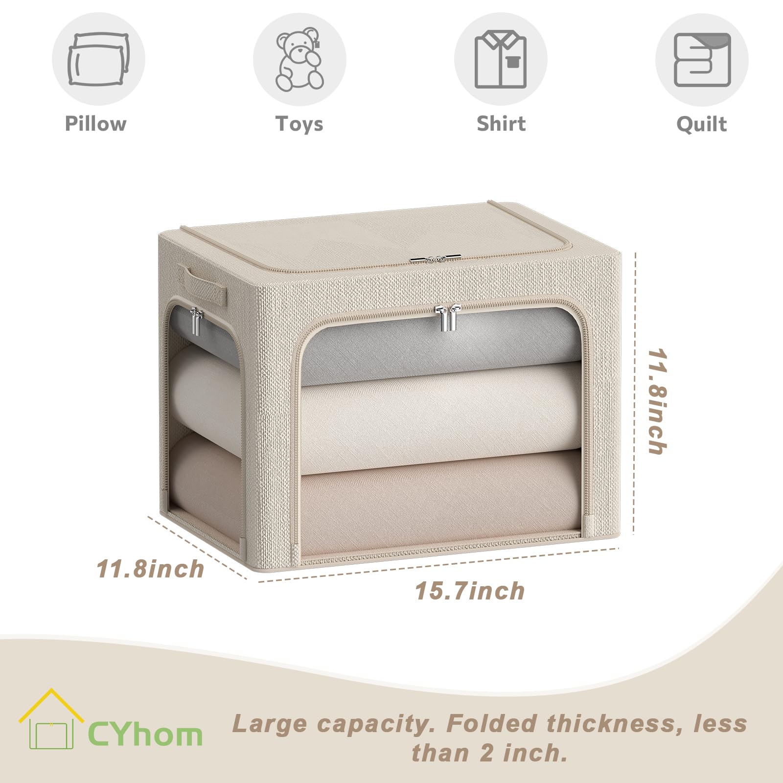 3-Pack Stackable Foldable Storage Bins with Clear Window & Carry Handles - 36L Metal Frame Clothing Organizer Box (15.7x11.8x11.8in, Beige) for Closet, Nursery, or Office Organization
