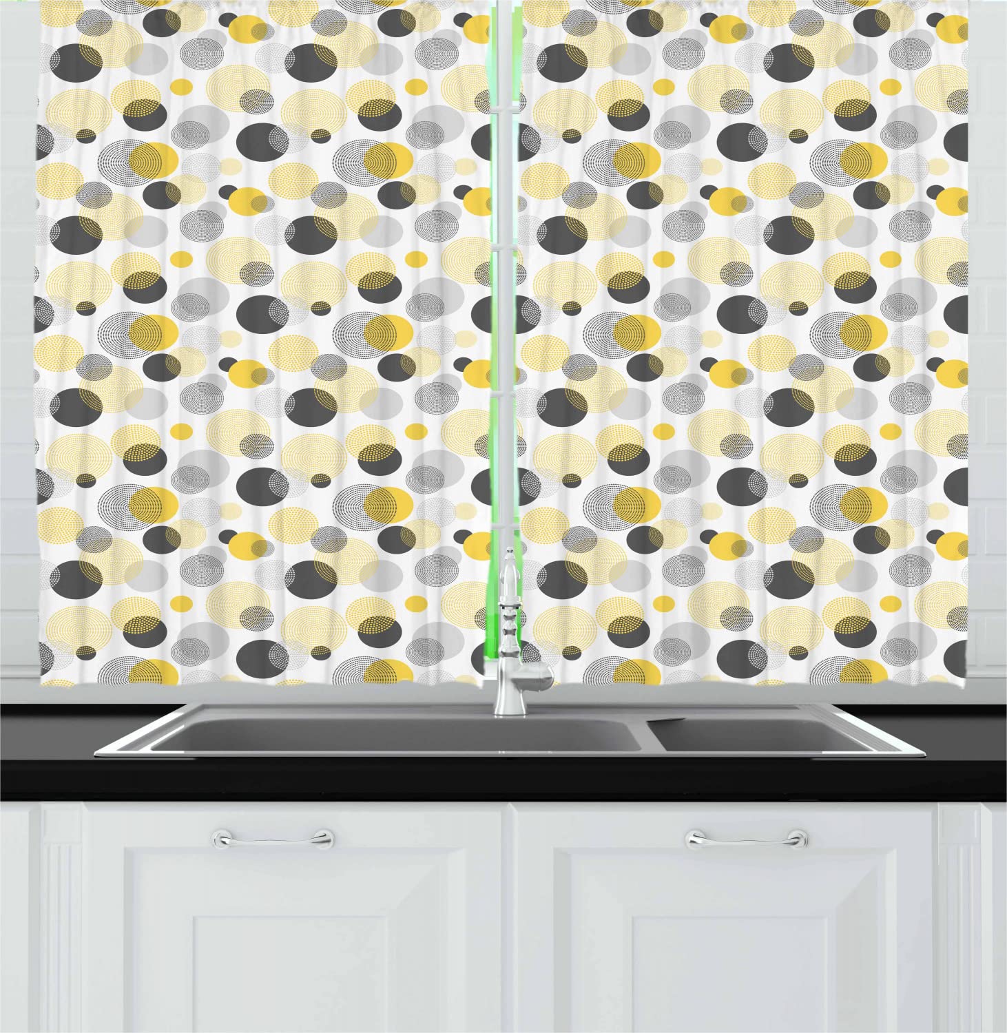 Ambesonne Abstract Long Kitchen Curtains - Modern Geometric Dotted Circles & Ovals Design, 2 Panel Rod Pocket Window Drapes, 55x45 Inches, Dark Blue Grey Mustard White - Perfect for Contemporary Living Rooms, Dining Areas & Kitchen Decor