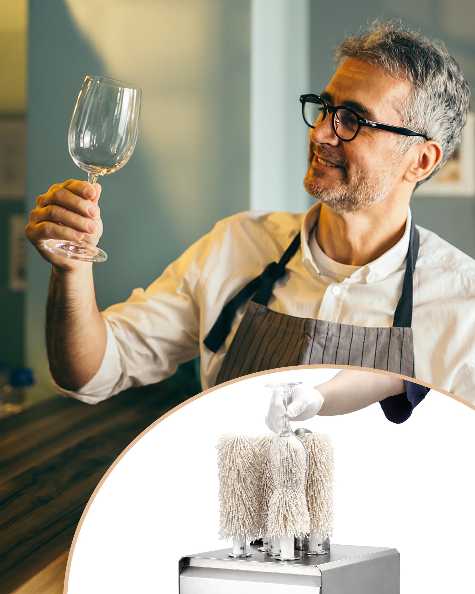 Electric Wine Glass Polisher with 5 Pure Cotton Brushes - Professional Stemware Cleaner for Sparkling Crystal Glasses - Perfect for Home Bars, Restaurants, and Wine Tasting Events