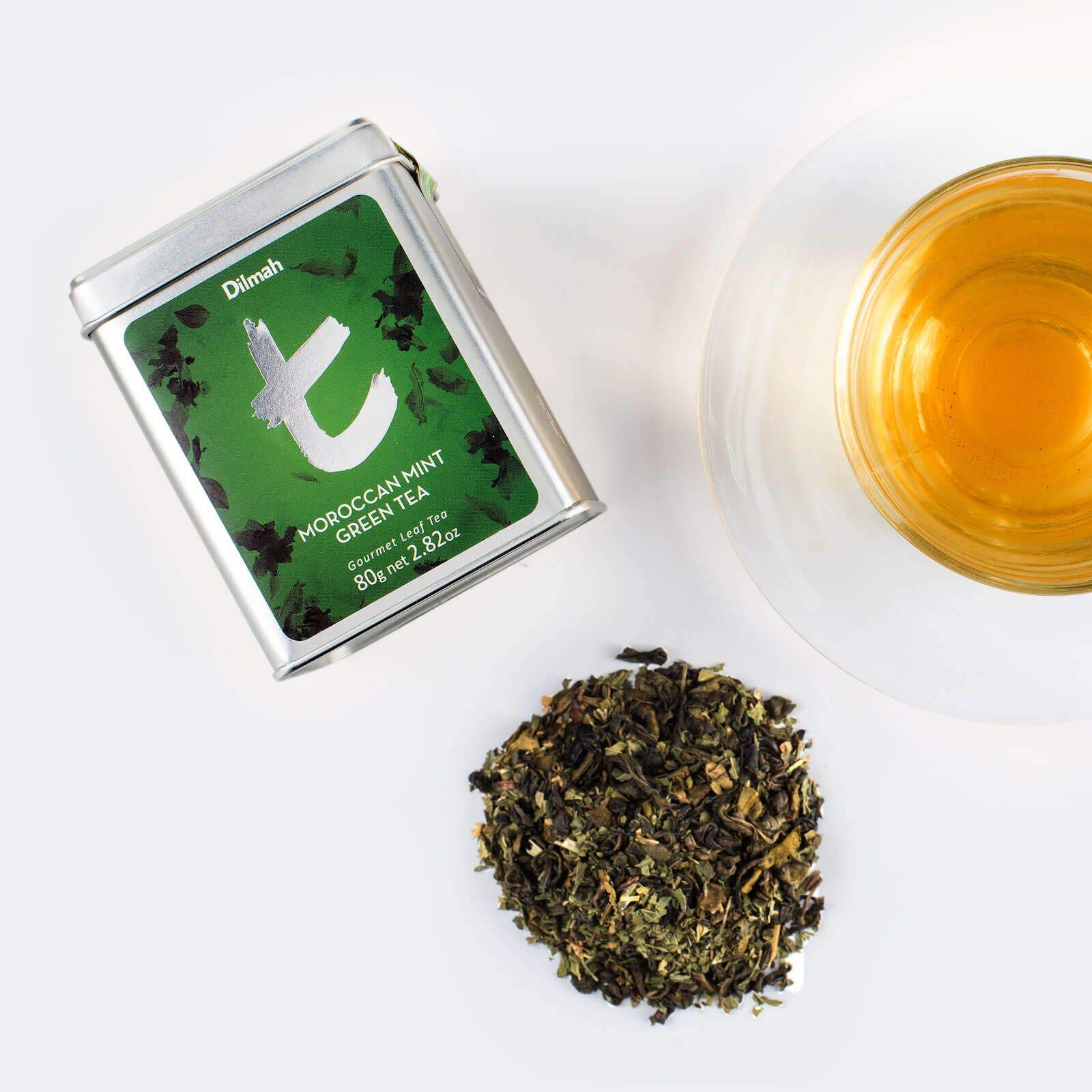 Premium Dilmah Moroccan Mint Green Tea - 80G Loose Leaf Gourmet Tea - 100% Pure Ceylon Green Tea from Sri Lanka - Refreshing Iced Tea or Relaxing Hot Brew for Afternoon & Evening