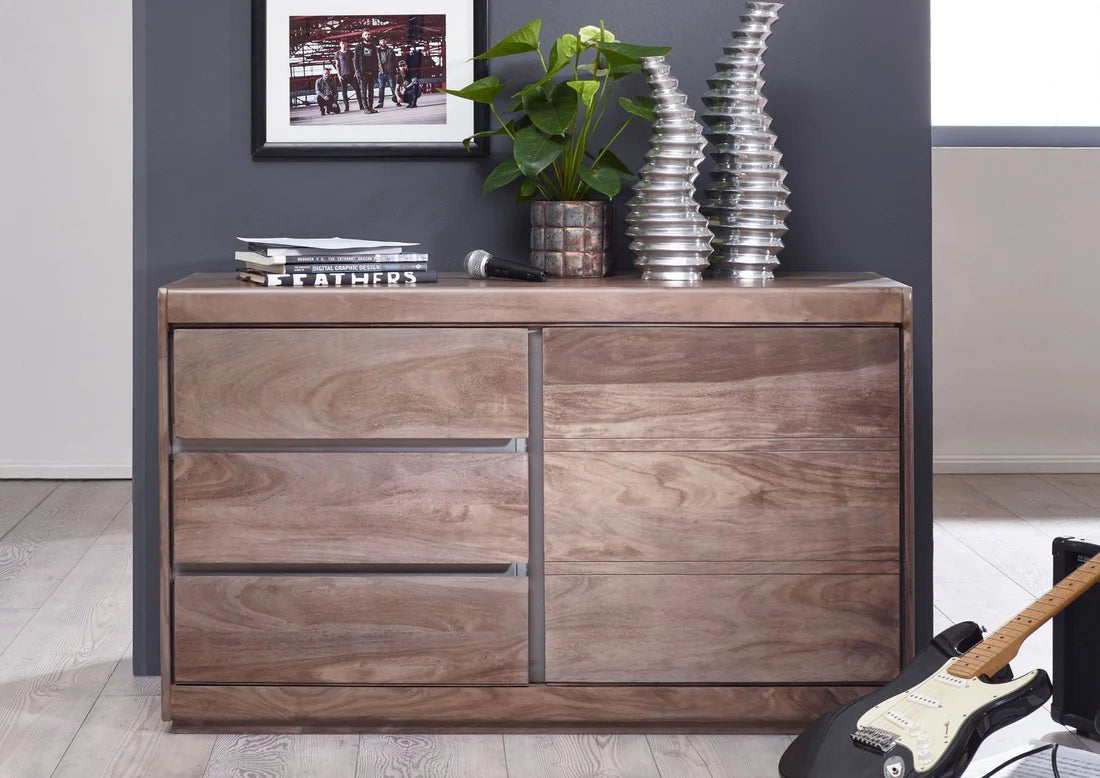 Gfine Solid Sheesham Wood Sideboard - Single Door & 3 Drawers, 127x46x76cm - Perfect for Living Room Storage & Dining Room Organization