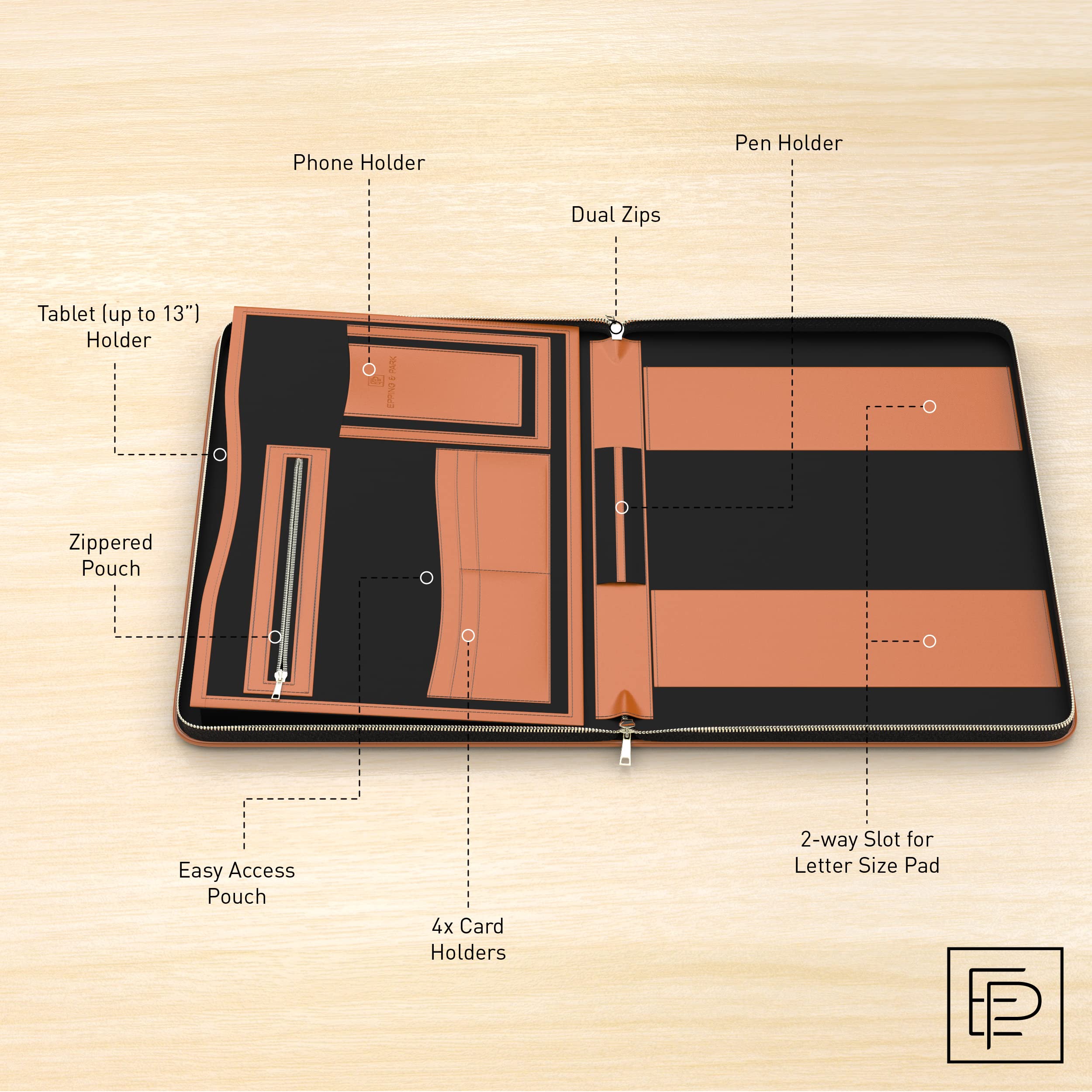 Premium Italian Full Grain Leather Portfolio Binder - Handmade Executive Padfolio for Men & Women | Letter Size Notepad Holder (Tan) | Perfect for Business Meetings, Office Work & Professional Presentations