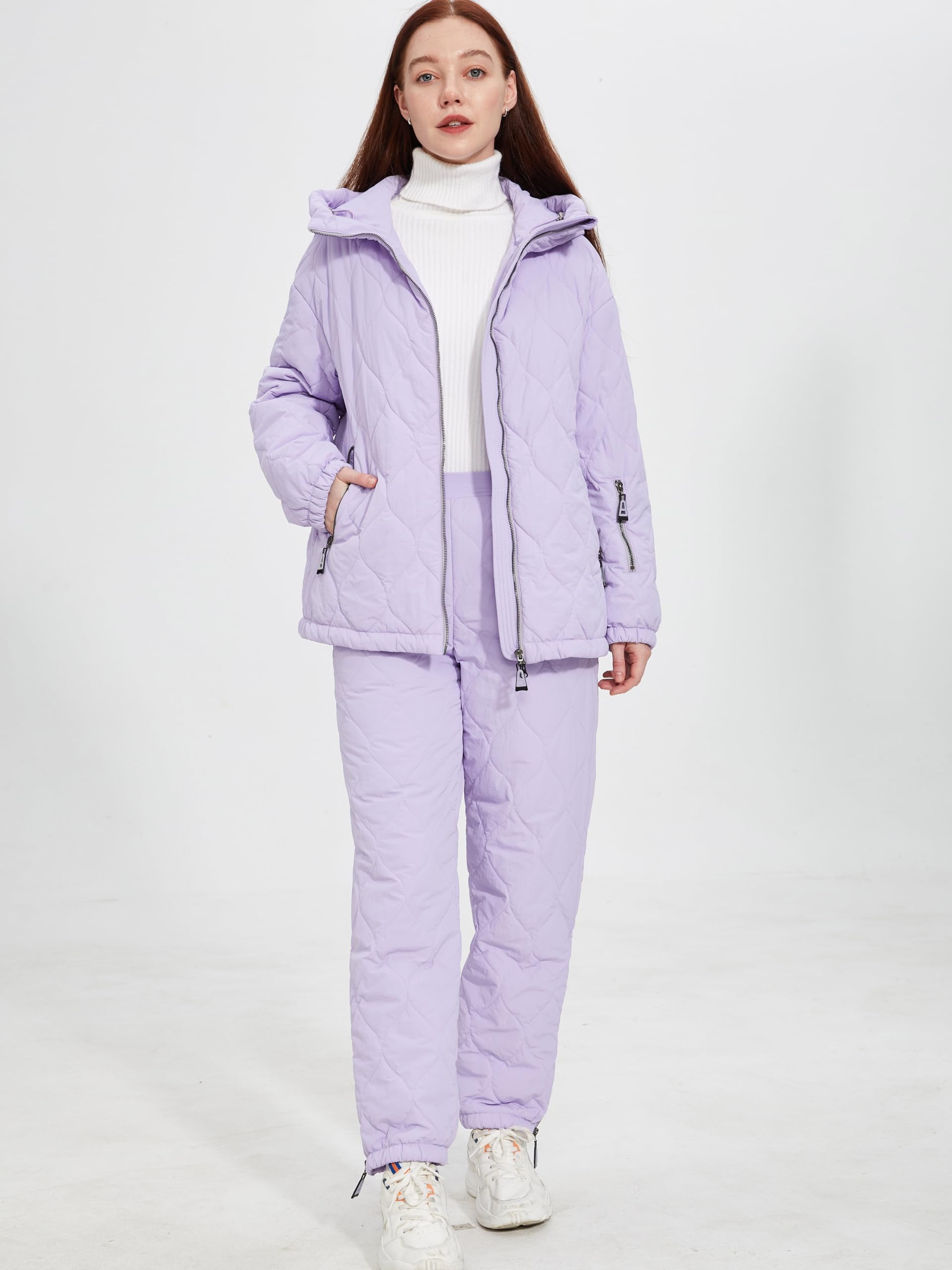 Women's 2-Piece Snow Suit Set - Quilted Waterproof Ski Jacket & Padded Jogger Pants with Hood for Winter Sports, Skiing & Outdoor Activities | Warm Puffer Coat Outfit for Cold Weather Adventures