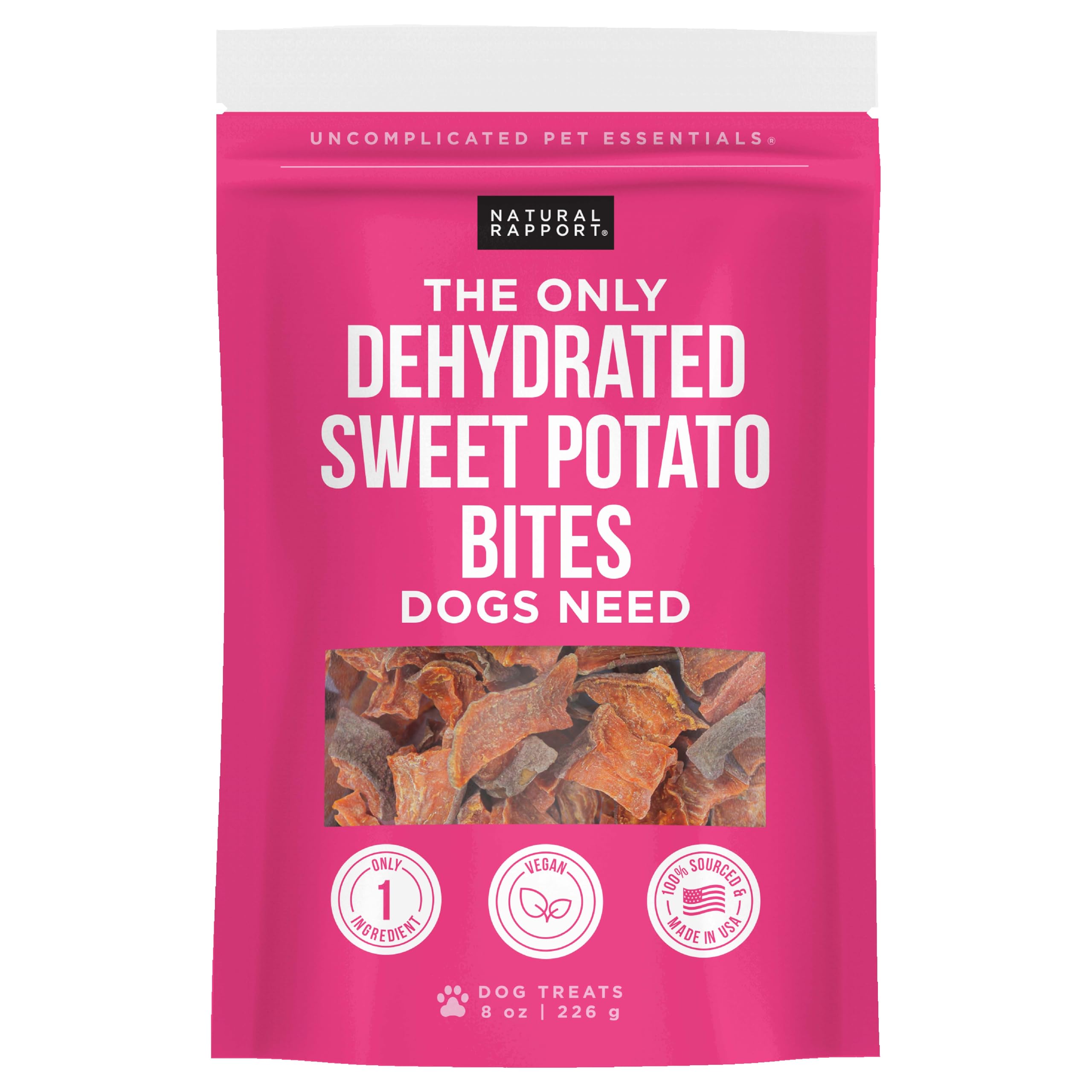 Natural Rapport Sweet Potato Bites for Dogs - 100% Dehydrated Sweet Potato Dog Treats, Grain-Free & Healthy Chews (8 oz) - Perfect for Training Rewards, Dental Health & On-the-Go Snacking