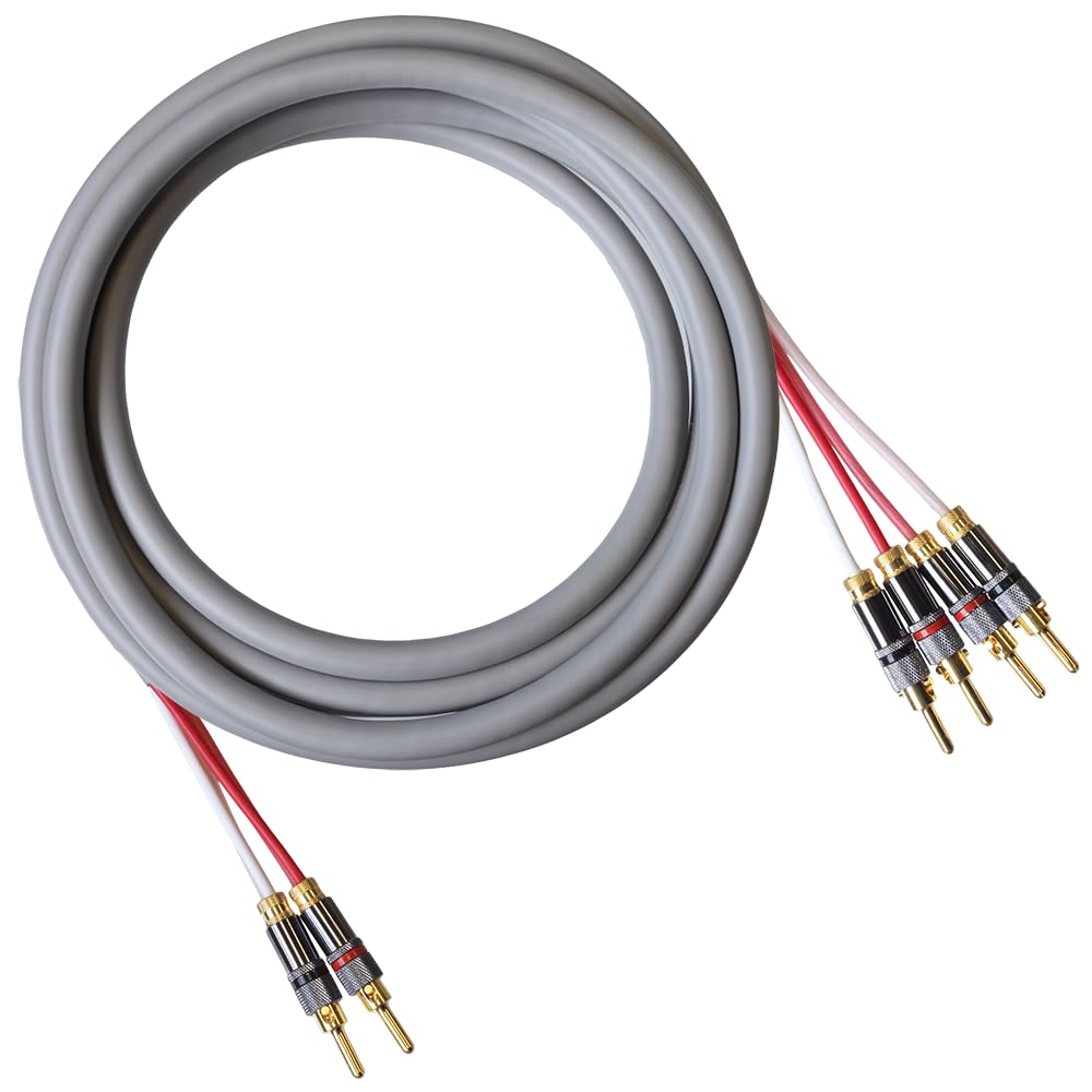Premium Canare 4S11 Blue Jeans Bi-Wire Speaker Cable - 15ft Grey Audio Cable with Ultrasonically-Welded Banana Plugs (2x4) - Made in USA - Perfect for Home Theater & Hi-Fi Speaker Systems
