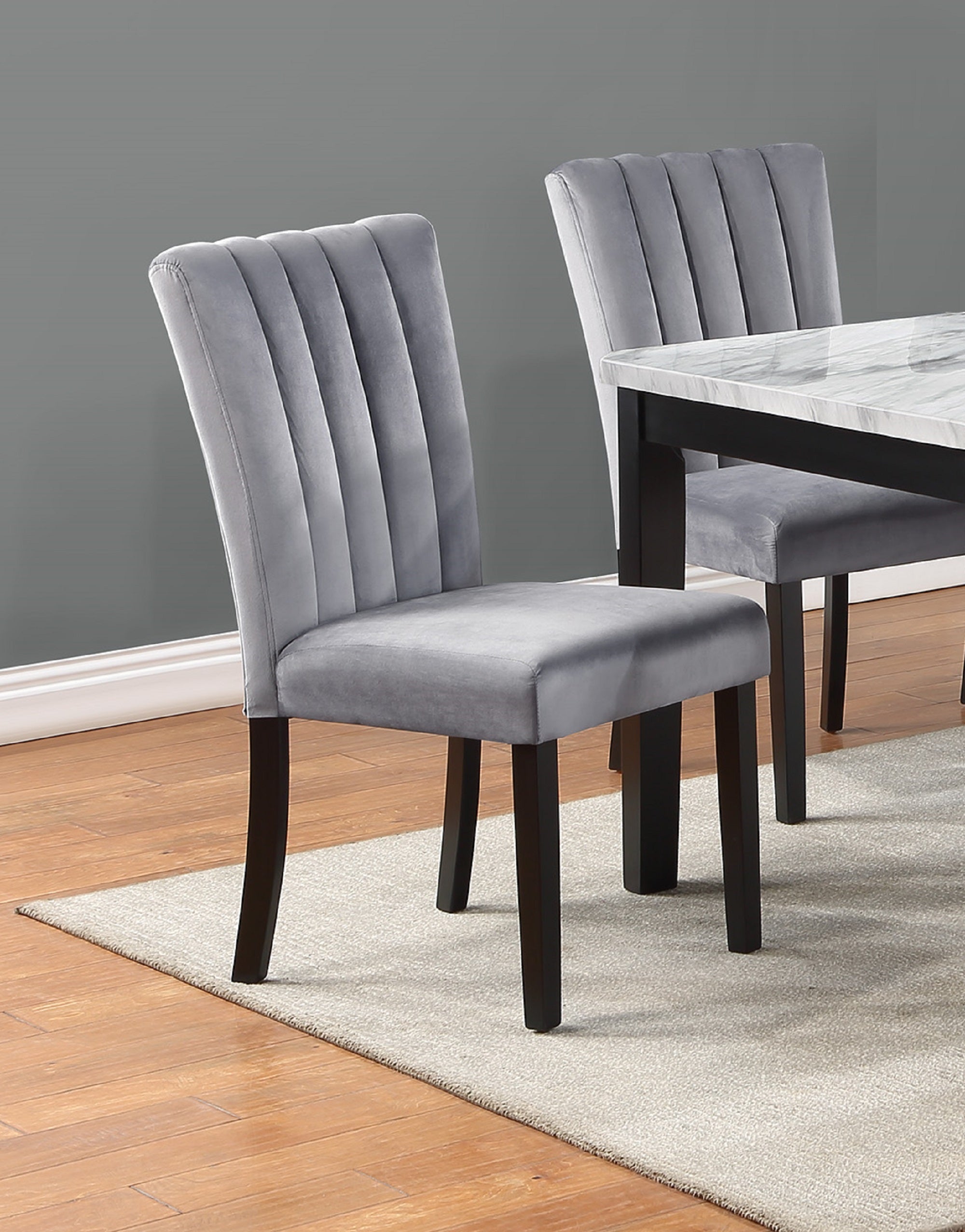 2-Piece Velvet Upholstered Dining Chairs with Channel Tufted Back and Wooden Legs - Gray & Black Set for Modern Dining Room, Kitchen, or Home Office