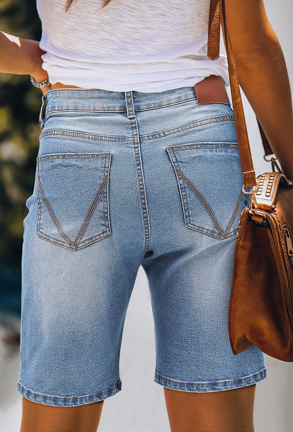 CHICZONE Women's Bermuda Jean Shorts - Stretchy Mid Waist Denim Shorts with Pockets for Summer, Beach, and Casual Outings