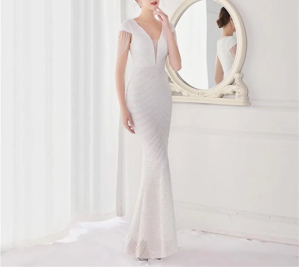Mordarli Women's V-Neck Sequin Prom Dress Formal Gown Long Evening Gown with Crystal Beading - Elegant for Homecoming, Pageants & Black Tie Events 2023
