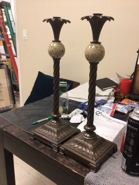 Elegant Pair of Brass & Marble Sphere Candle Holders - Vintage Home Decor for Dining Table, Wedding Centerpiece, and Romantic Ambiance
