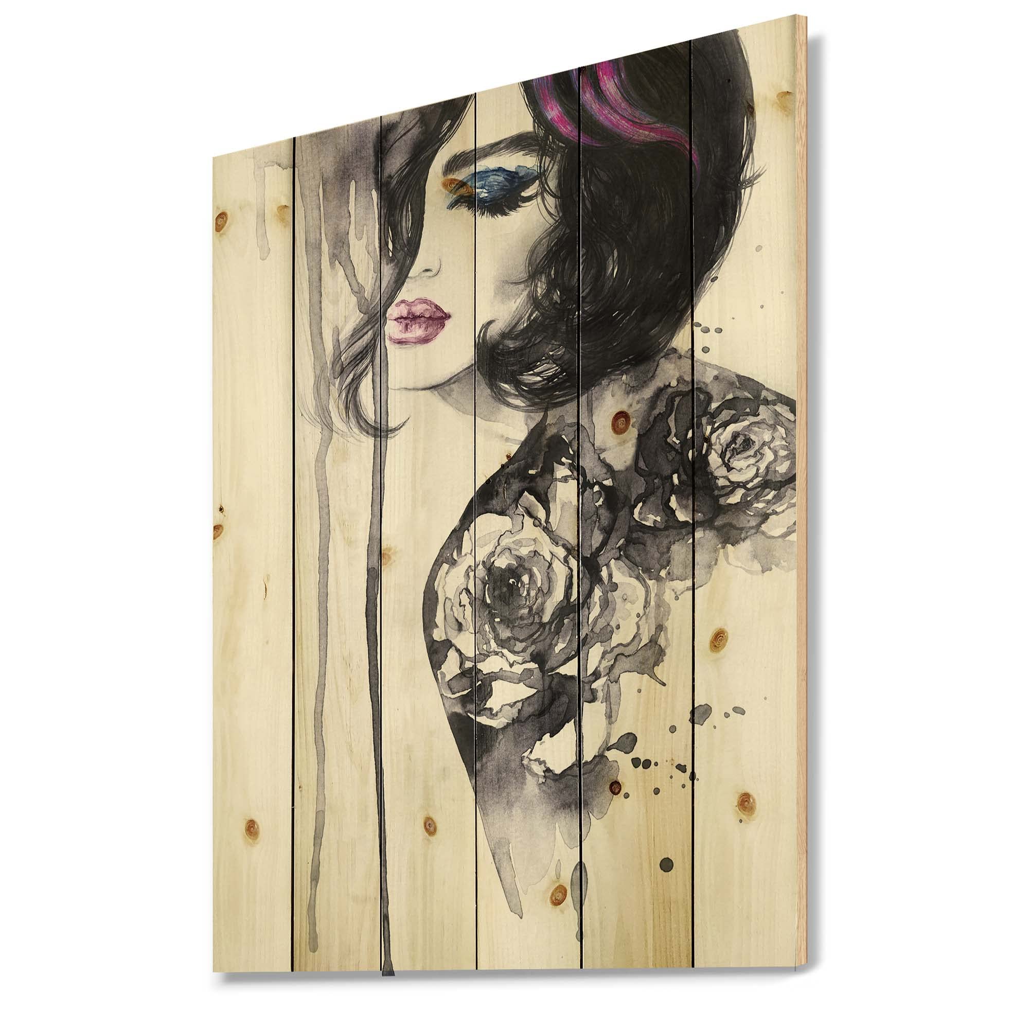 DesignQ Female Portrait Painting - Modern Art Print on Natural Pine Wood for Home & Office Wall Decor