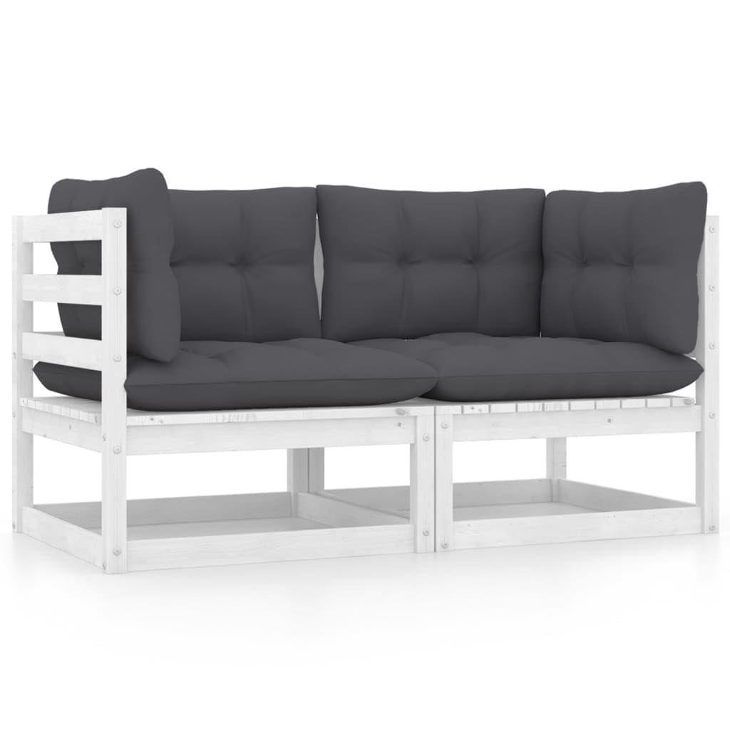 vidaXL 2-Seater Patio Sofa with Cushions - White Solid Pinewood Modular Outdoor/Indoor Furniture - Durable Garden & Living Room Sofa with Anthracite Polyester Cushions - Easy Assembly | Perfect for Backyard Relaxation, Poolside Lounging & Cozy Living Room Decor