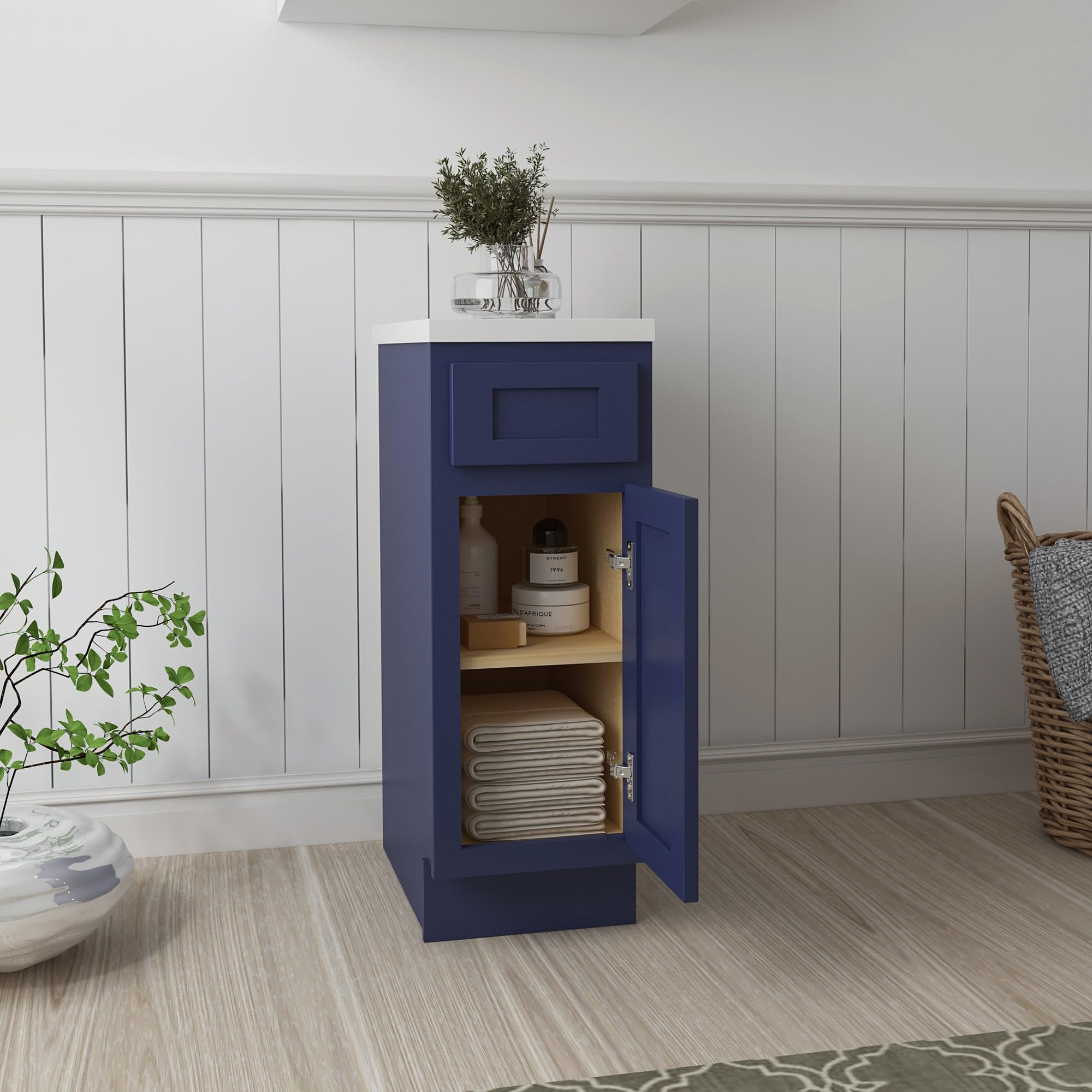 Vanity Art 12 Inch Small Bathroom Vanity Cabinet with Soft Closing Drawer & Door - Right Offset Shaker Design, Floor Mount Storage Organizer for Bathroom, Bedroom or Powder Room - VA4012-1BLUE
