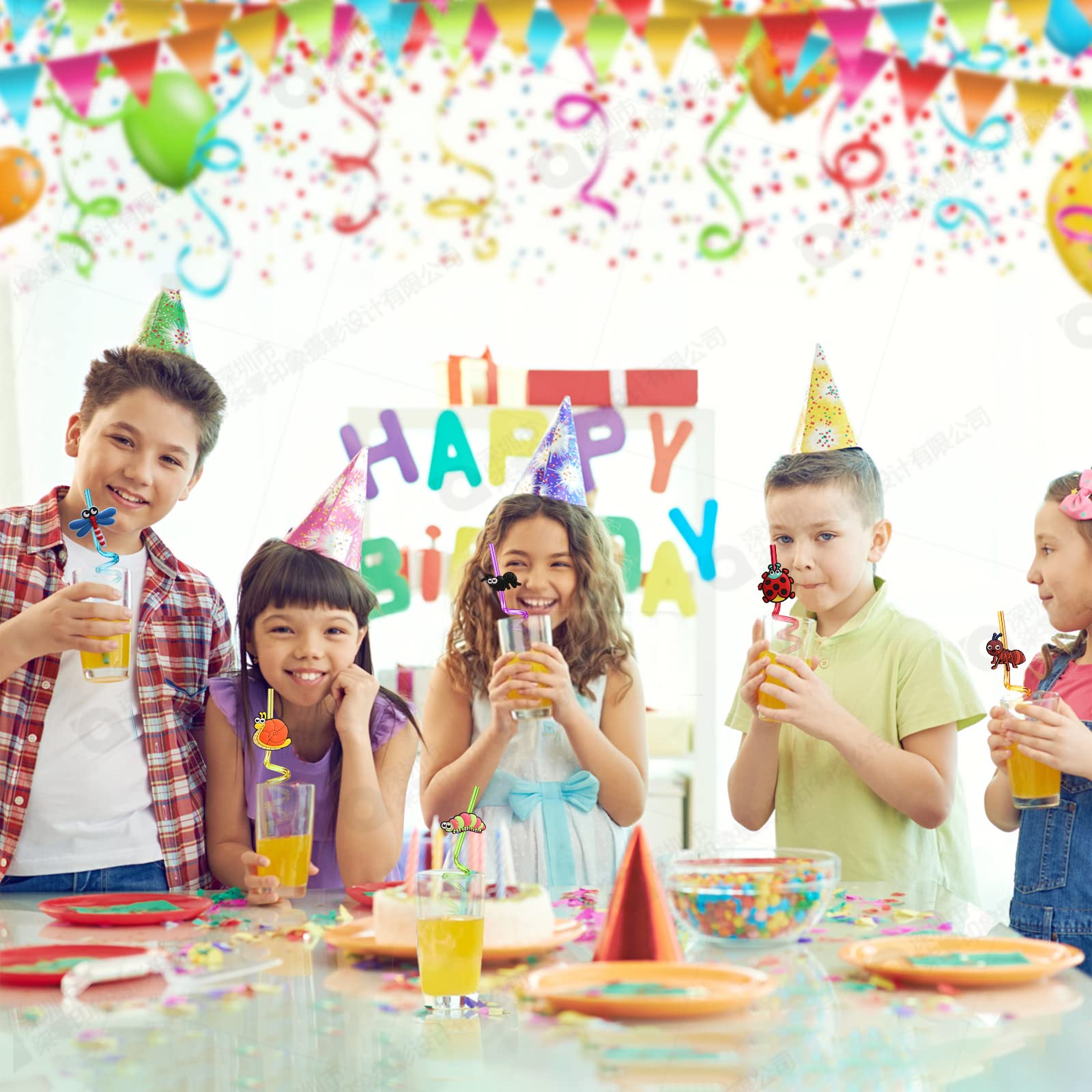 24-Pack Reusable Plastic Straws for Bug Themed Birthday Party - Insect Party Favors & Decorations with 2 Cleaning Brushes - Perfect for Kids' Birthday Parties, Baby Showers & Outdoor Events