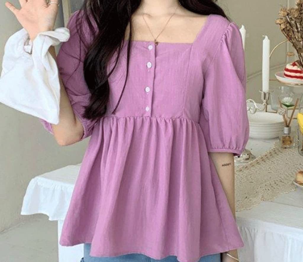XJJZS Women's Summer Blouse - Solid Color Square Collar Puff Sleeve Loose Casual Top, Harajuku Style Pleated Trendy Shirt (Purple, Medium) | Perfect for Office Wear, Date Nights & Summer Outfits