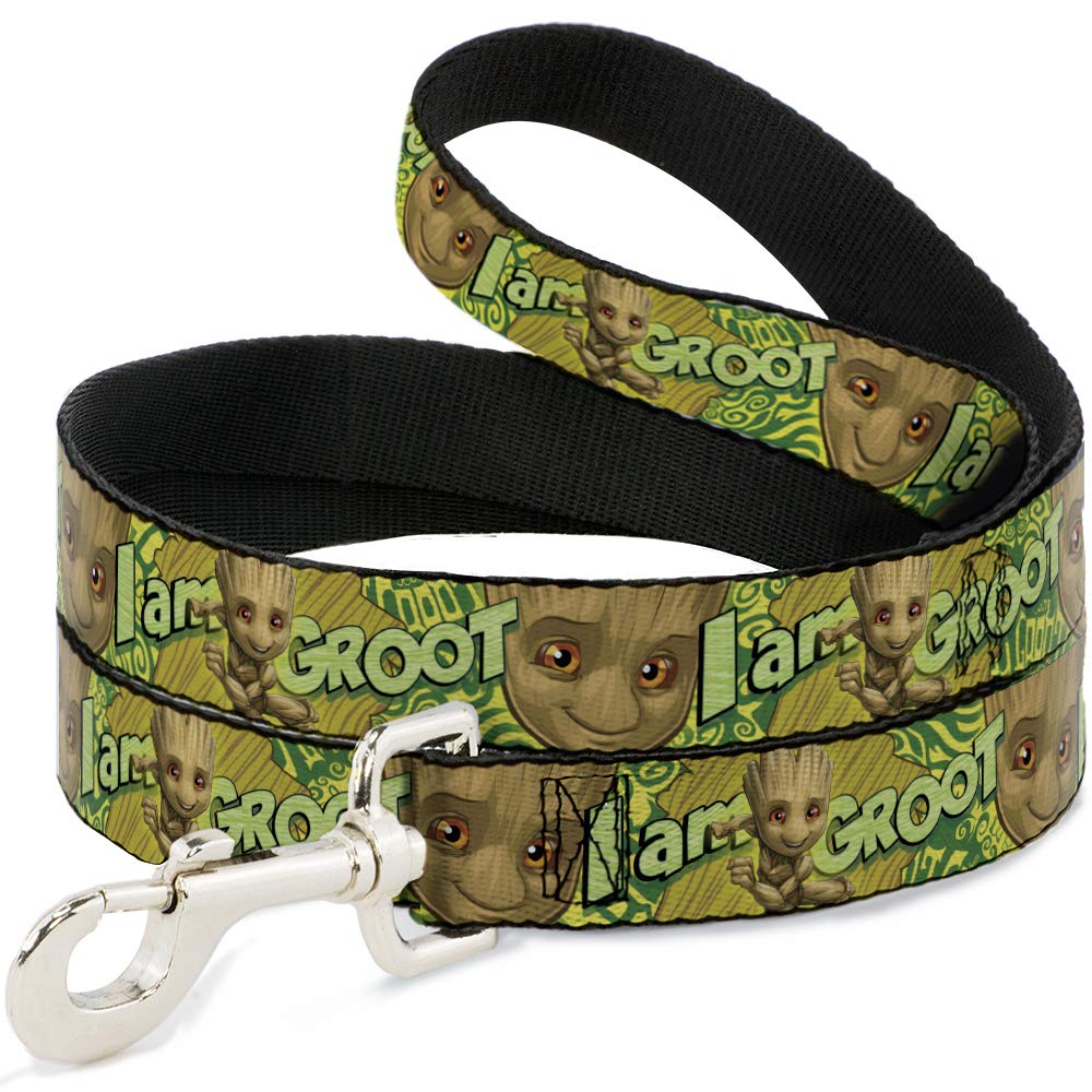 Buckle-Down Dog Leash with Baby Groot Design - I Am Groot Print in Brown, Green & Yellow - 6 Feet Long, 0.5 Inch Wide - Durable Pet Walking Accessory for Small to Medium Dogs - Perfect for Park Walks, Training & Cosplay Outfits