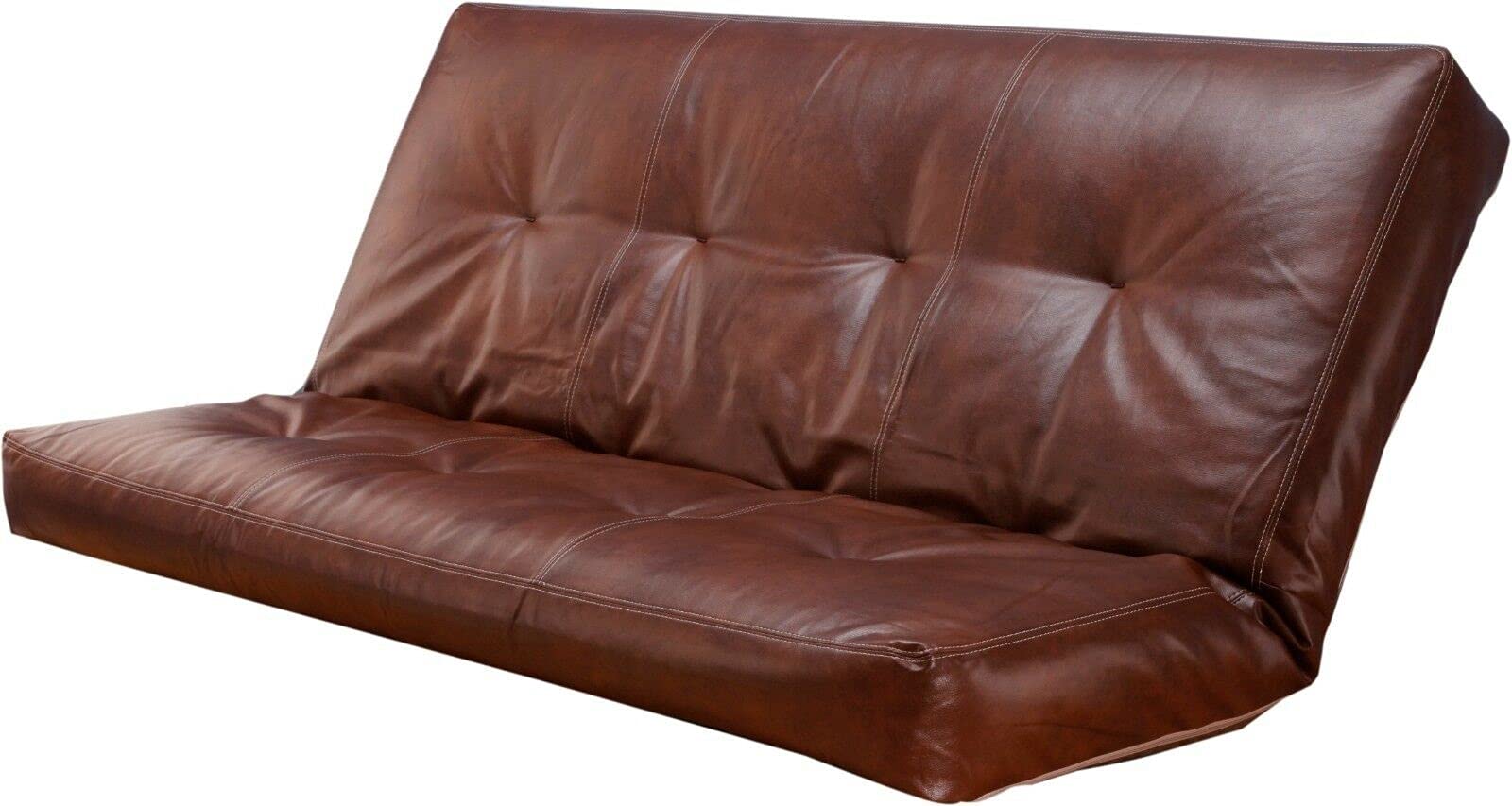 LCSA Queen Size Futon Mattress - Bonded Leather Innerspring Sofa Bed - Medium Brown for Living Room, Guest Room & Small Spaces