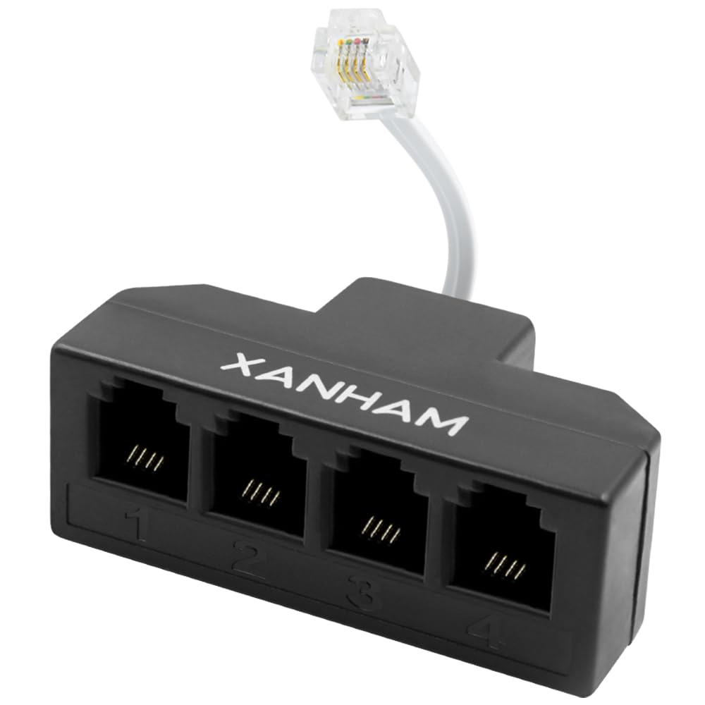 RJ11 Cable 4 Way Splitter 6P4C Phone Line Adapter with 3-inch Cord for Landline Telephone - Black (AV01403) | Perfect for Home/Office Phone Systems & VoIP Connections