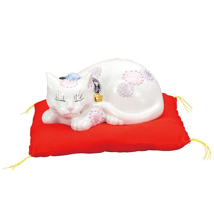 Authentic Japanese Kutani Yaki Maneki Neko - Lucky Beckoning Cat Statue with Purple Flower Design | Handcrafted Ceramic Fortune Cat for Home Decor, Office Feng Shui & Gift Giving