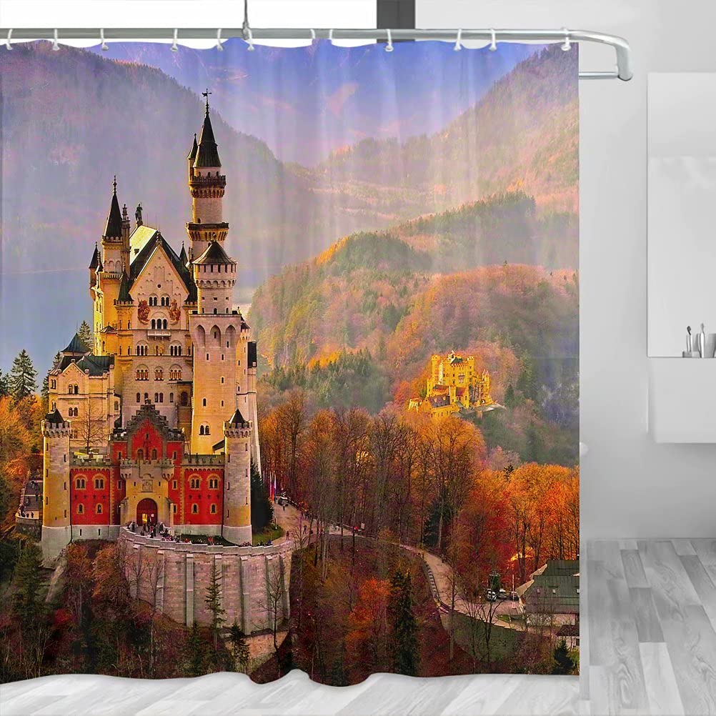 Germany Neuschwanstein Castle Shower Curtain - 72x72 Inch Polyester Bathroom Decor Set with Hooks (YL-02489) - Perfect for Travel Lovers & Fairy Tale Themed Bathrooms