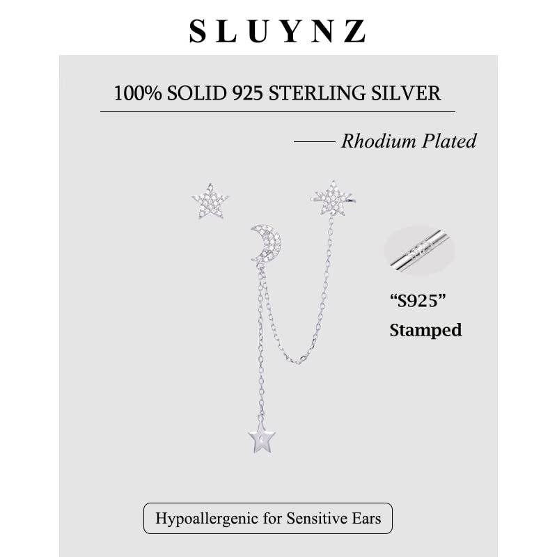 925 Sterling Silver Asymmetric Star Moon Crawler Earrings for Women - Dangling Chain Cuff Earrings for Party, Date Night & Special Occasions