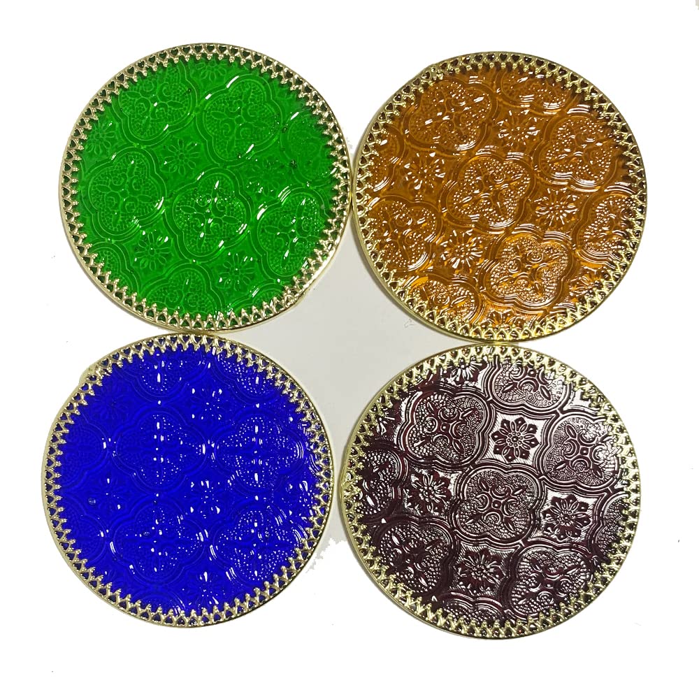 Premium 4-Piece Glass Gold Drink Coasters Set - Elegant Carved Design for Coffee, Tea & Wine - Durable & Stylish Non-Slip Cup Mats for Home, Office & Restaurant Use