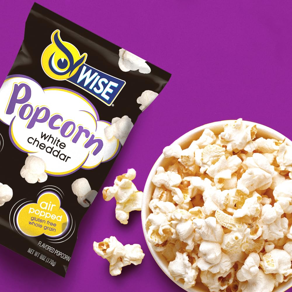 Wise Snacks White Cheddar Popcorn - 12 Pack (2.25oz Bags) | Gluten Free, Whole Grain, Air Popped Snacks for Movie Nights, Office Break, and Healthy On-the-Go Munching