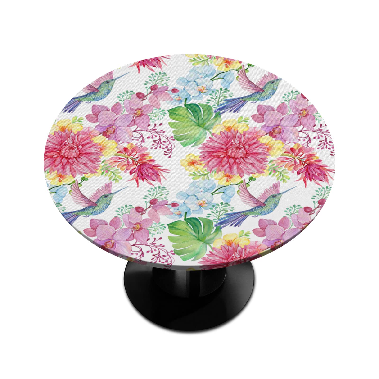 AUUXVA Spring Hummingbird Floral Elastic Tablecloth - Non-Slip Waterproof Round Table Cover for Outdoor/Indoor Use (Fits 45-56 Inch) | 100% Polyester, Easy Clean | Perfect for Patio Dining, Garden Parties & Picnics