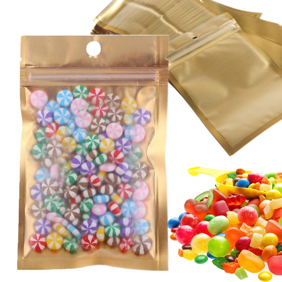 100 Pcs Mylar Bags with Zipper - 8x13cm (3.2x5 inch) Heat Sealable Vacuum Pouch, Foil Lined Grip Seal Storage Bags for Coffee, Candy, Tea, Nuts & Product Samples | Airtight Food Preservation, Travel Snacks & Small Item Organization