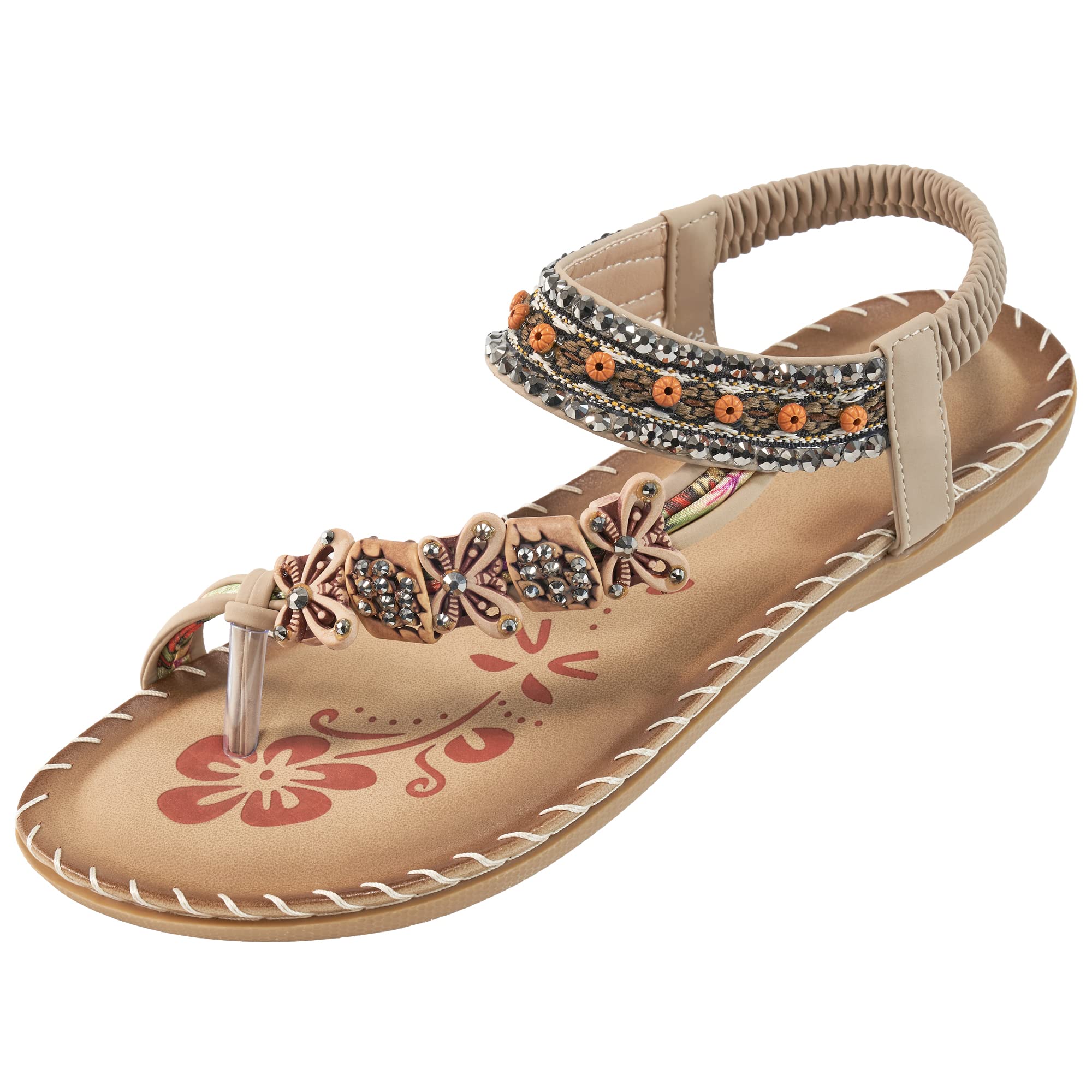 Women's Bohemian Beaded Flat Sandals - Comfortable Summer Elastic Slip-On Ankle Strap Dressy Casual Sandals for Beach, Vacation & Outdoor Wear