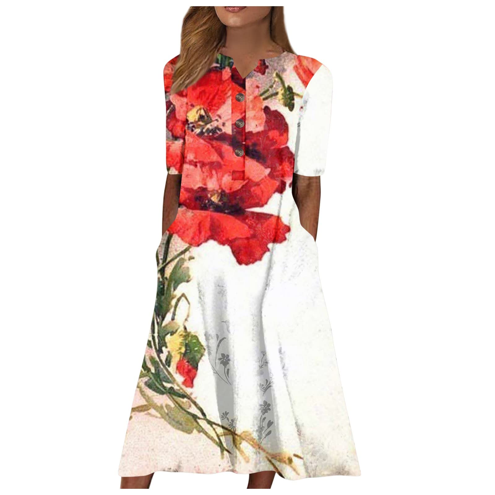 **Women's Floral Print V-Neck Short Sleeve Spring Summer Casual Dress with Pockets - Perfect for Brunch, Beach Outings & Date Nights**