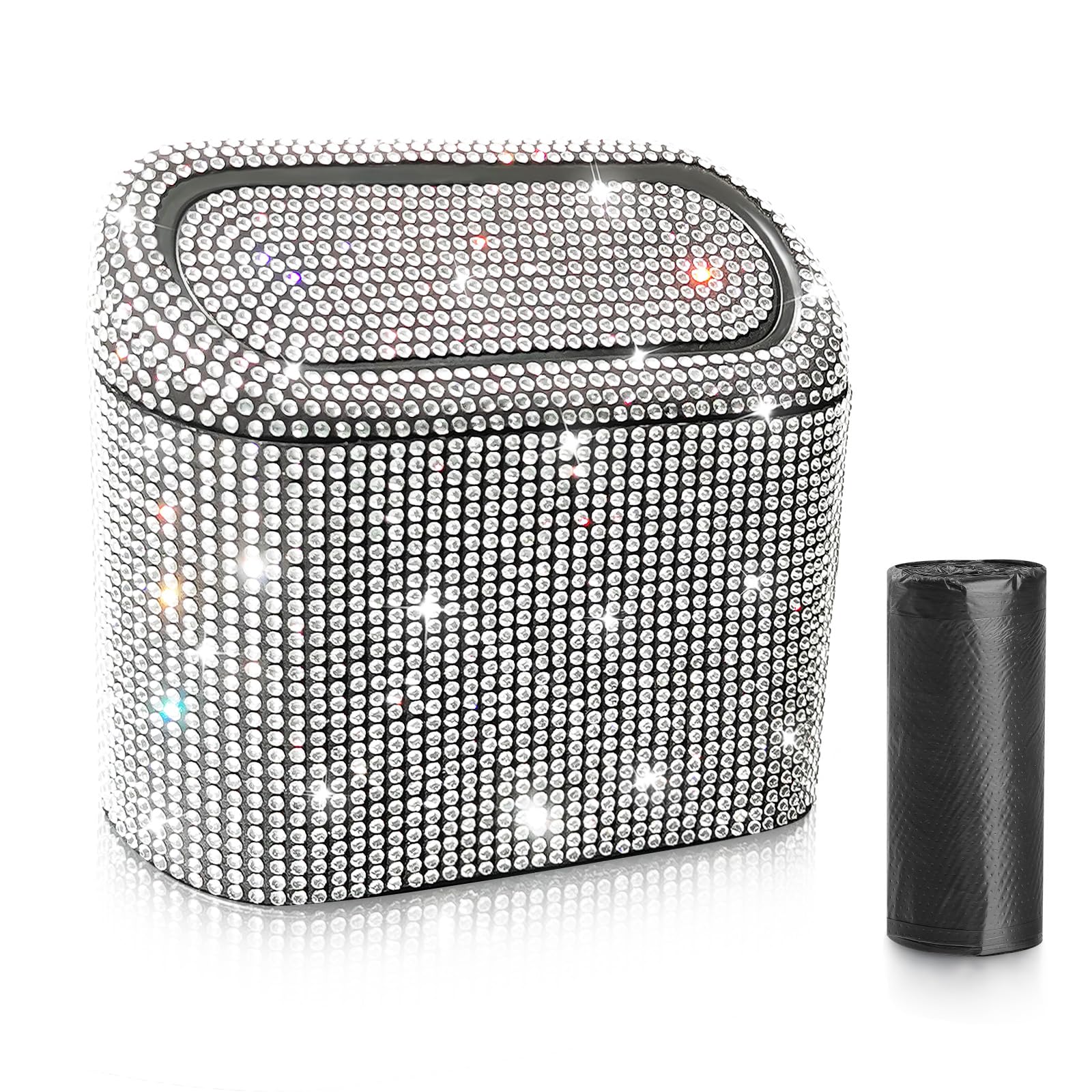 Accmor Sparkling Crystal Car Trash Can with Lid - 30pcs Garbage Bags Included - Vehicle Auto Dustbin Organizer & Garbage Storage Container - Perfect for Road Trips, Commuting, and Keeping Your Car Clean