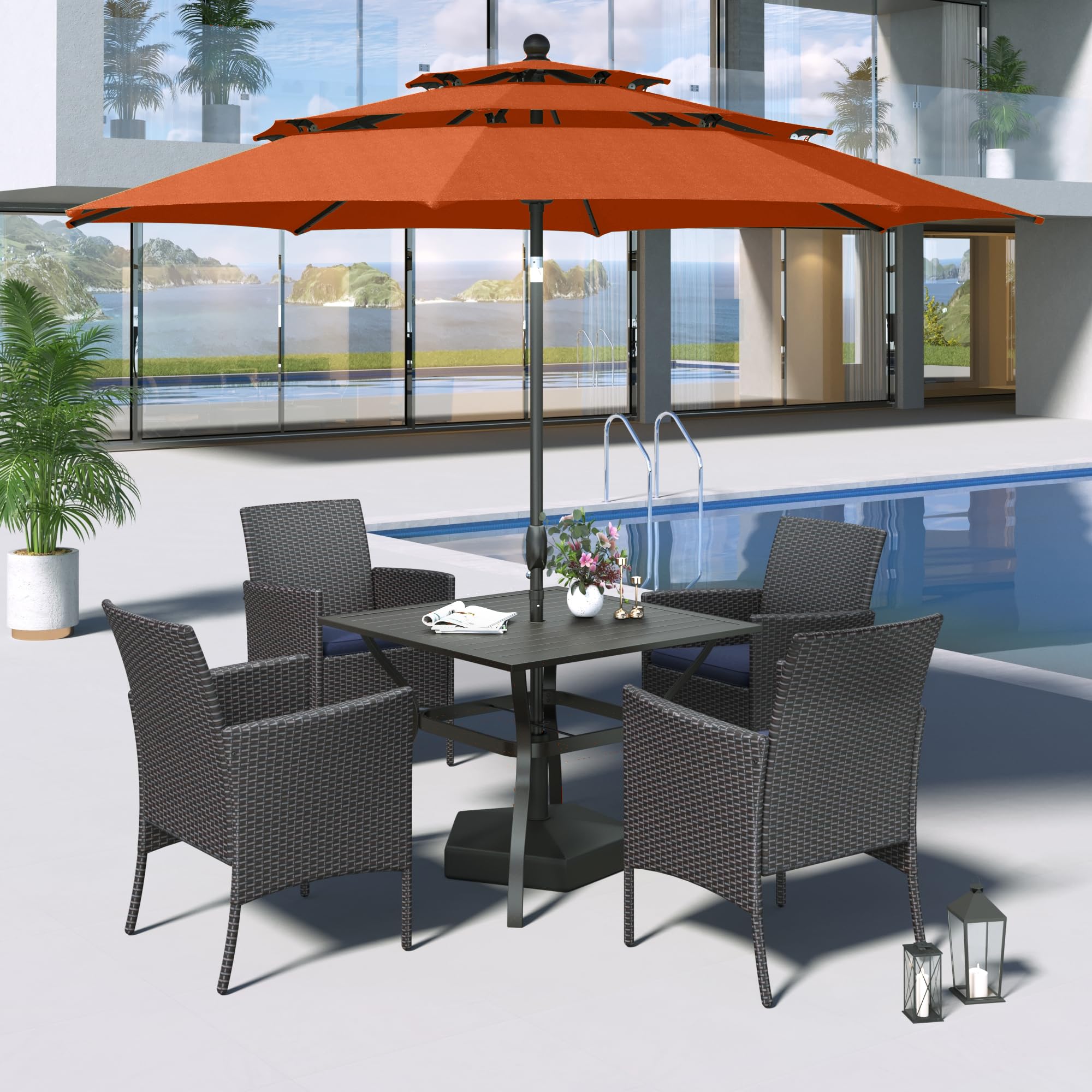 MFSTUDIO 6-Piece Outdoor Patio Dining Set for 4 with 10ft Umbrella - Square Wicker Table & Rattan Chairs - Weather-Resistant Garden Furniture for Backyard, Poolside, or Balcony (Orange Red)