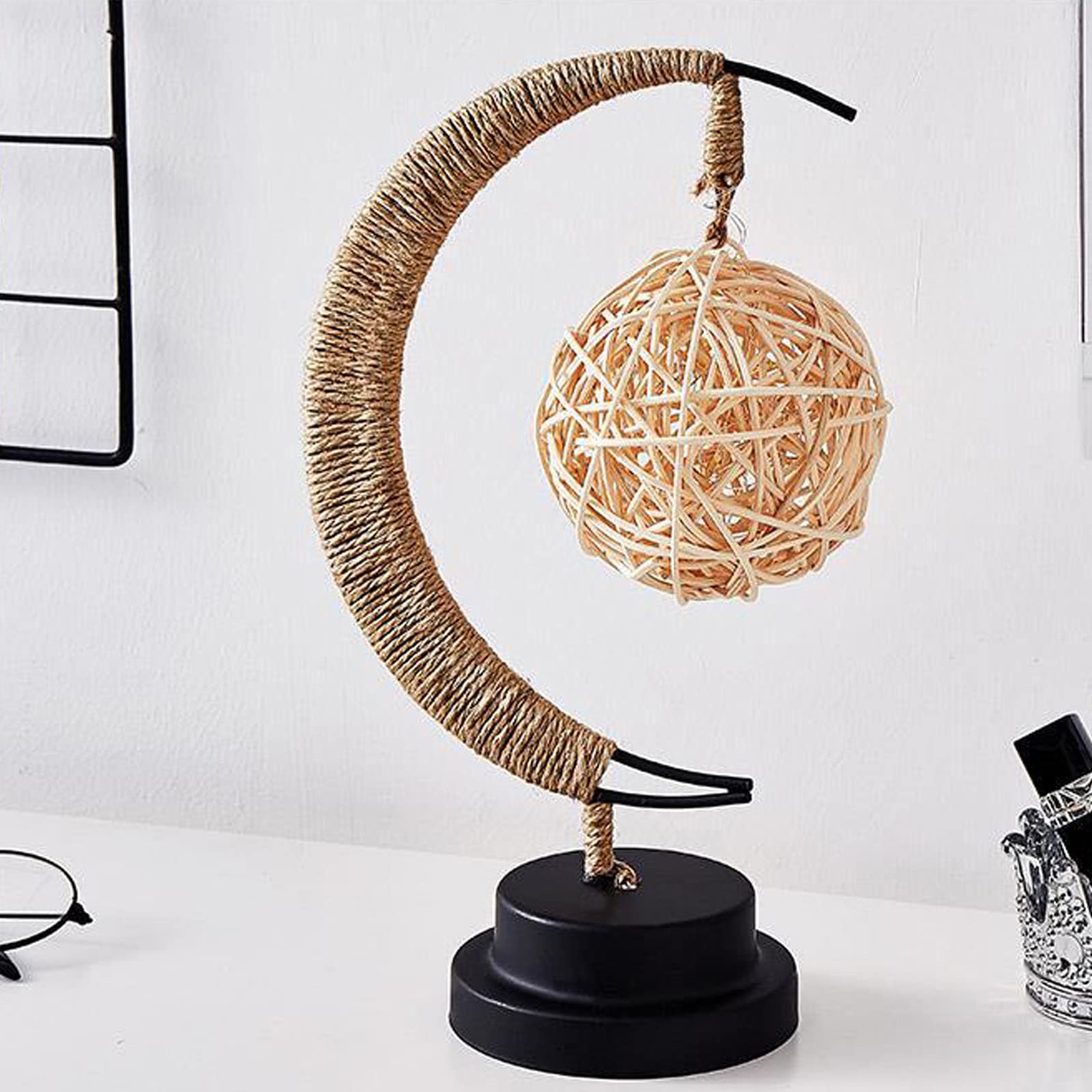 Enchanted Lunar Lamp - Handmade Rattan Moon Night Light, USB Cordless Table Lamp for Bedroom Decor, Unique Woven Wrought Iron Home Lighting (Ball Shape, Warm White) | Perfect for Nursery, Meditation Room & Romantic Ambiance