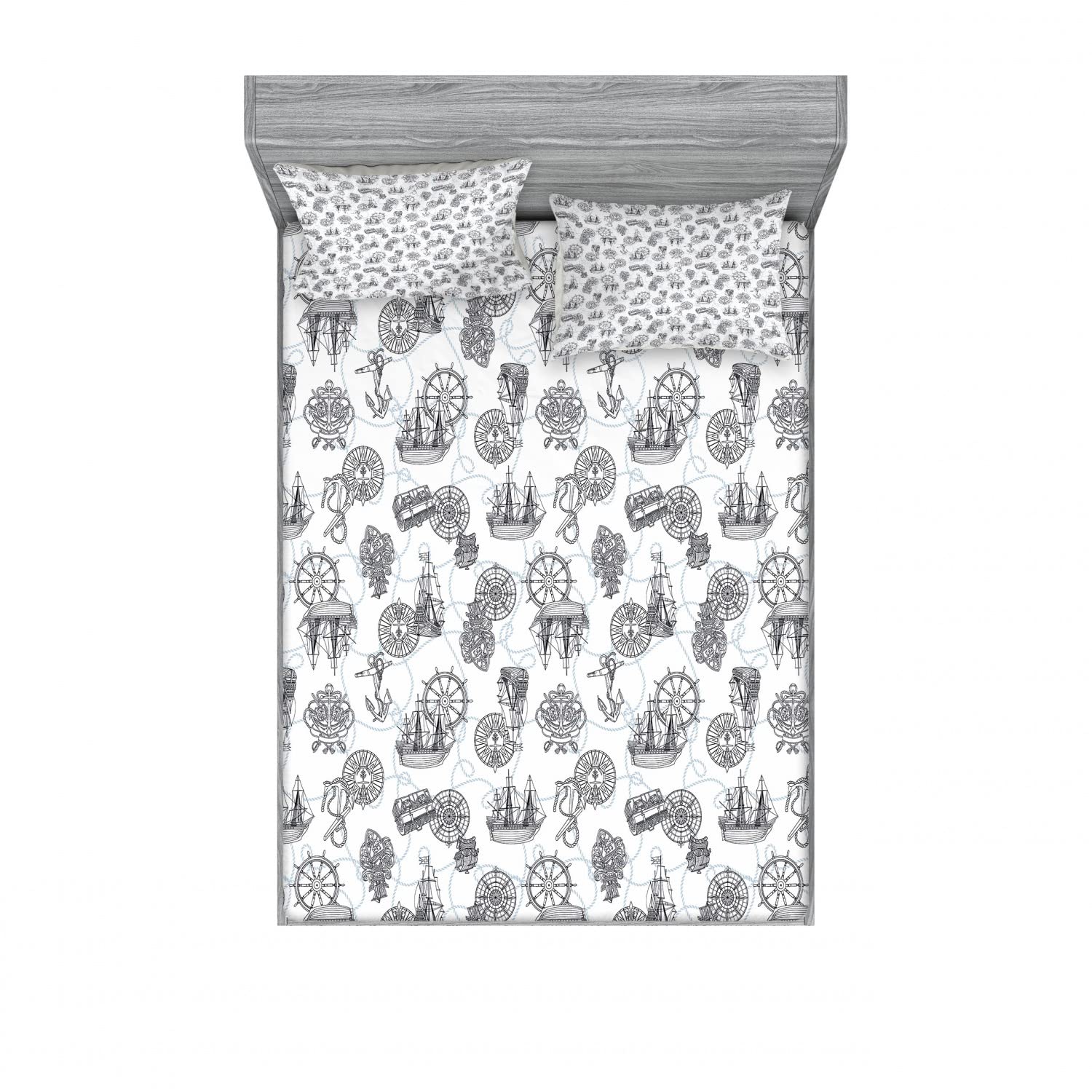 Ambesonne 2-Pack King Size Fitted Sheet Set with 4 Pillow Shams - Nautical Sailing Boat Design in Black, Blue Grey & White | Bedroom Decor for Coastal, Marine & Beach Themed Rooms