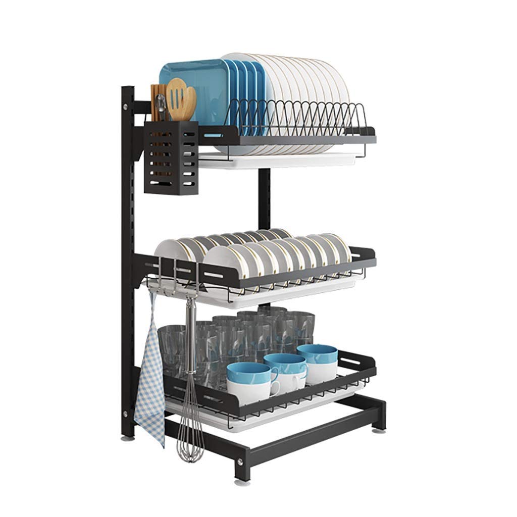 3-Tier Stainless Steel Dish Drainer Rack with Drip Tray & Chopstick Holder - Black Countertop Organizer for Kitchen Sink, Dish Drying & Utensil Storage - Perfect for Small Spaces, Apartments & RV Kitchens
