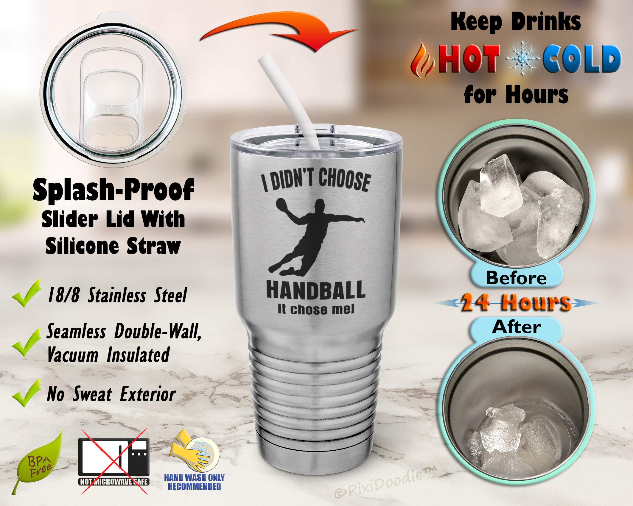 PixiDoodle 30 oz Insulated Stainless Steel Tumbler with Spill-Proof Sliding Lid & Silicone Straw - Silver Handball Sports Water Bottle - Perfect for Gym, Workouts, Office & Outdoor Activities