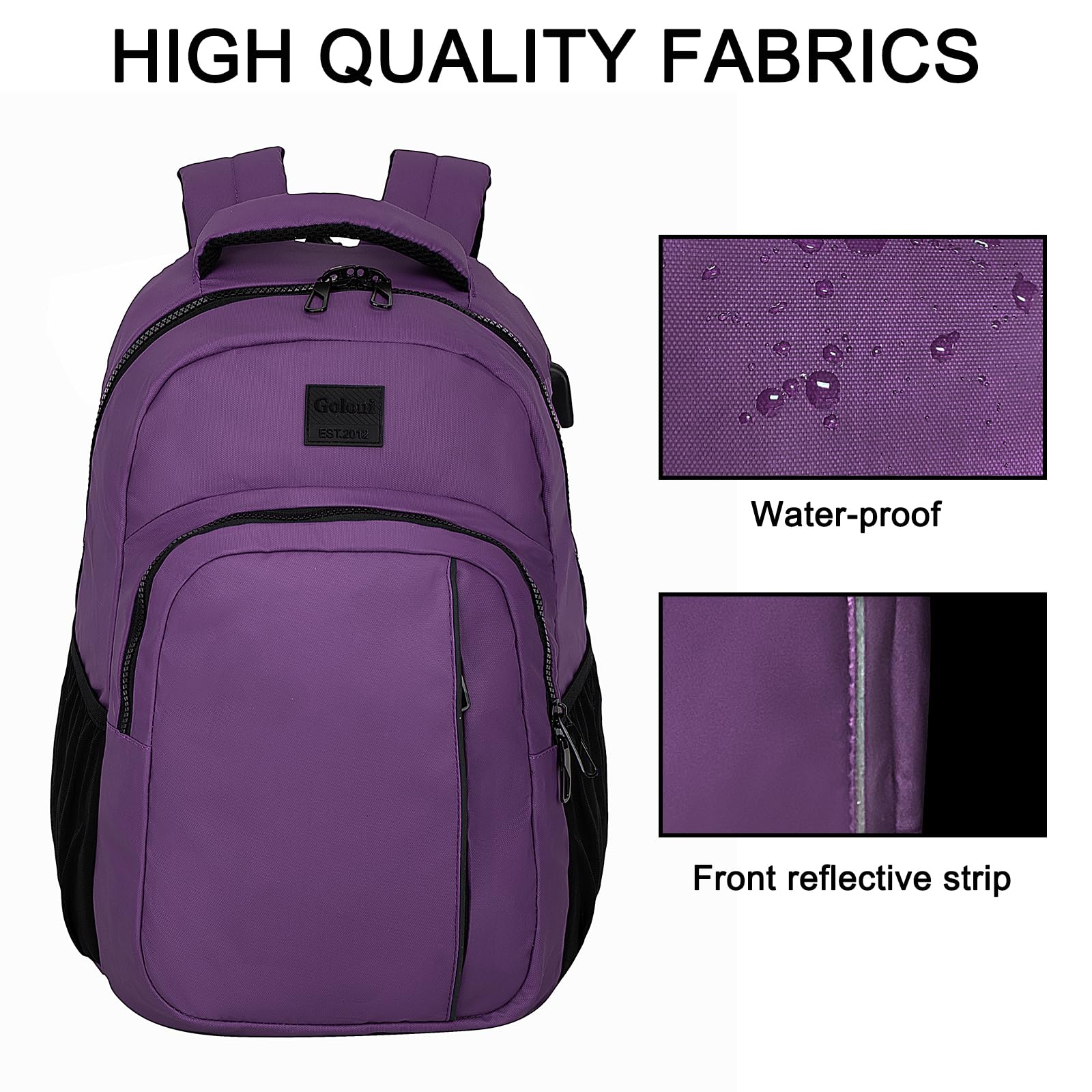 Goloni 15.6 Inch Lightweight Waterproof Laptop Backpack with USB Charging Port - Durable Travel, Work & School Bag for Men & Women - Perfect for College, High School & Business Use (Purple)