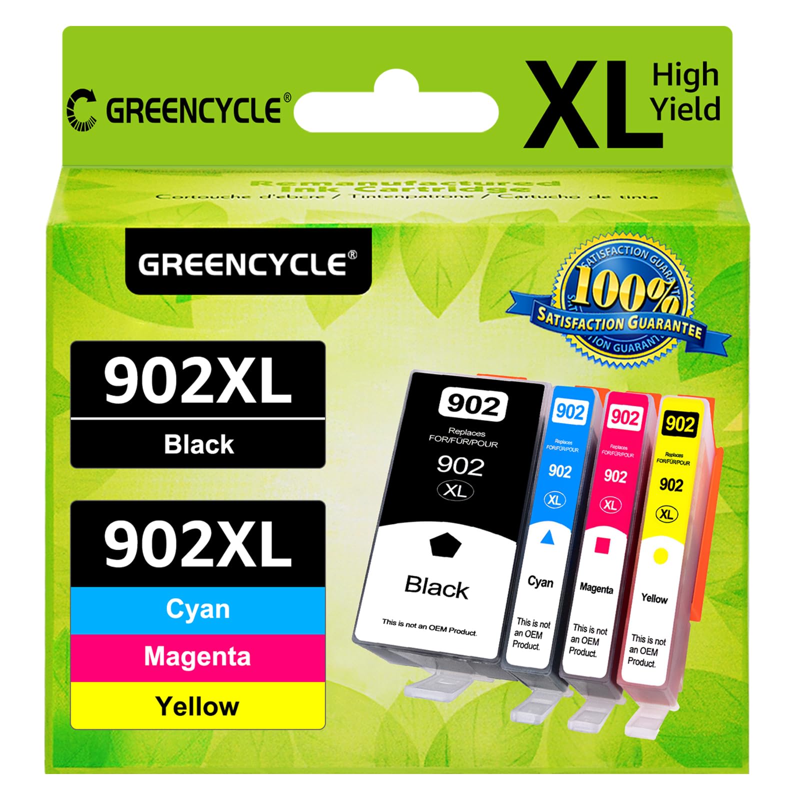 Greencycle 902XL Ink Cartridges Combo Pack - High Yield Replacement for HP 902/902XL - Compatible with HP Officejet Pro 6968/6978/6970 & Officejet 6950/6951/6962 Printers (Black, Cyan, Magenta, Yellow) - Perfect for Home Office Printing, School Projects & Small Business Documents