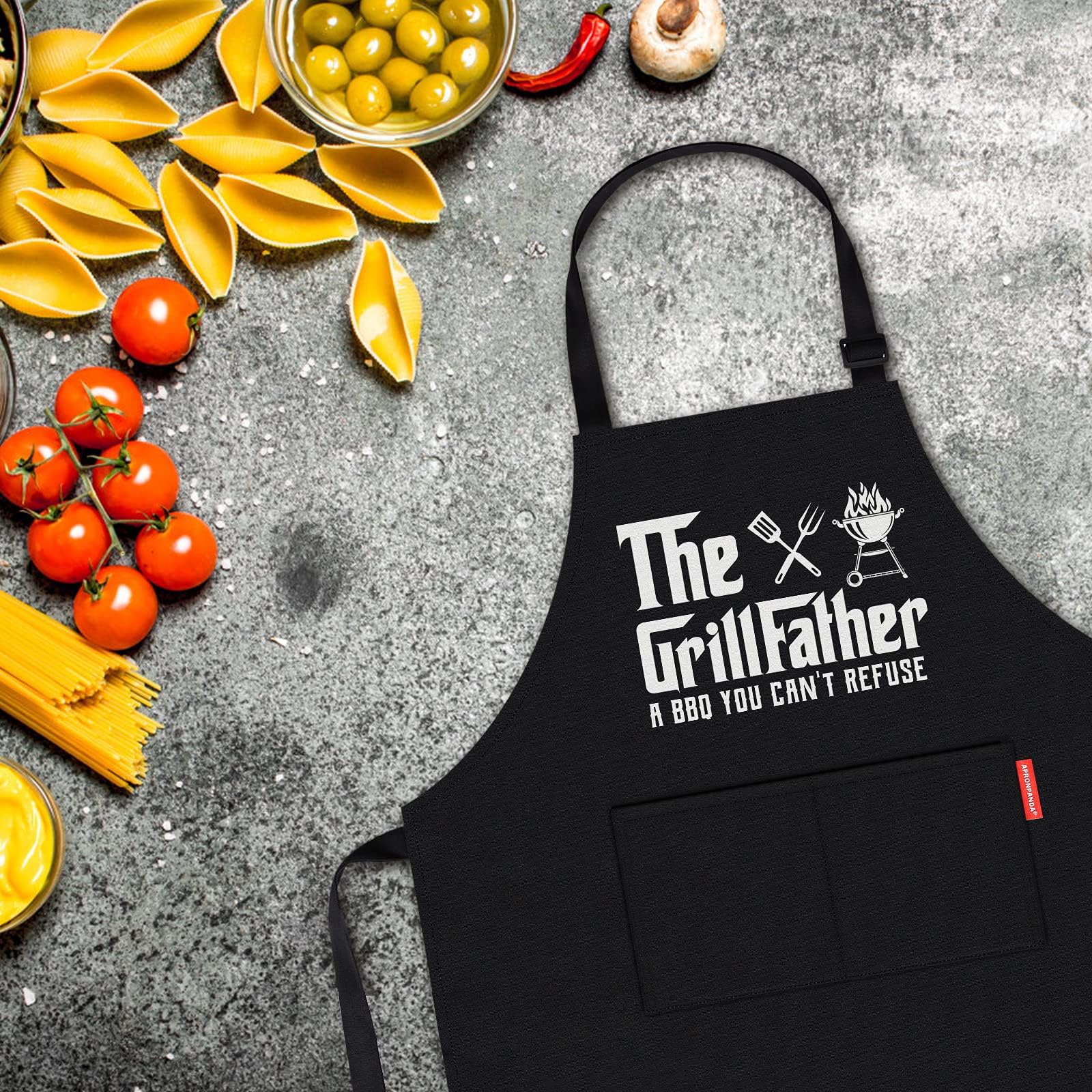 APRONPANDA The Grill Father - Funny BBQ Cooking Apron for Men with Pockets | Perfect Christmas & Birthday Gift for Husband, Dad, Grandad | Ideal for Grilling, Backyard BBQs & Kitchen Cooking