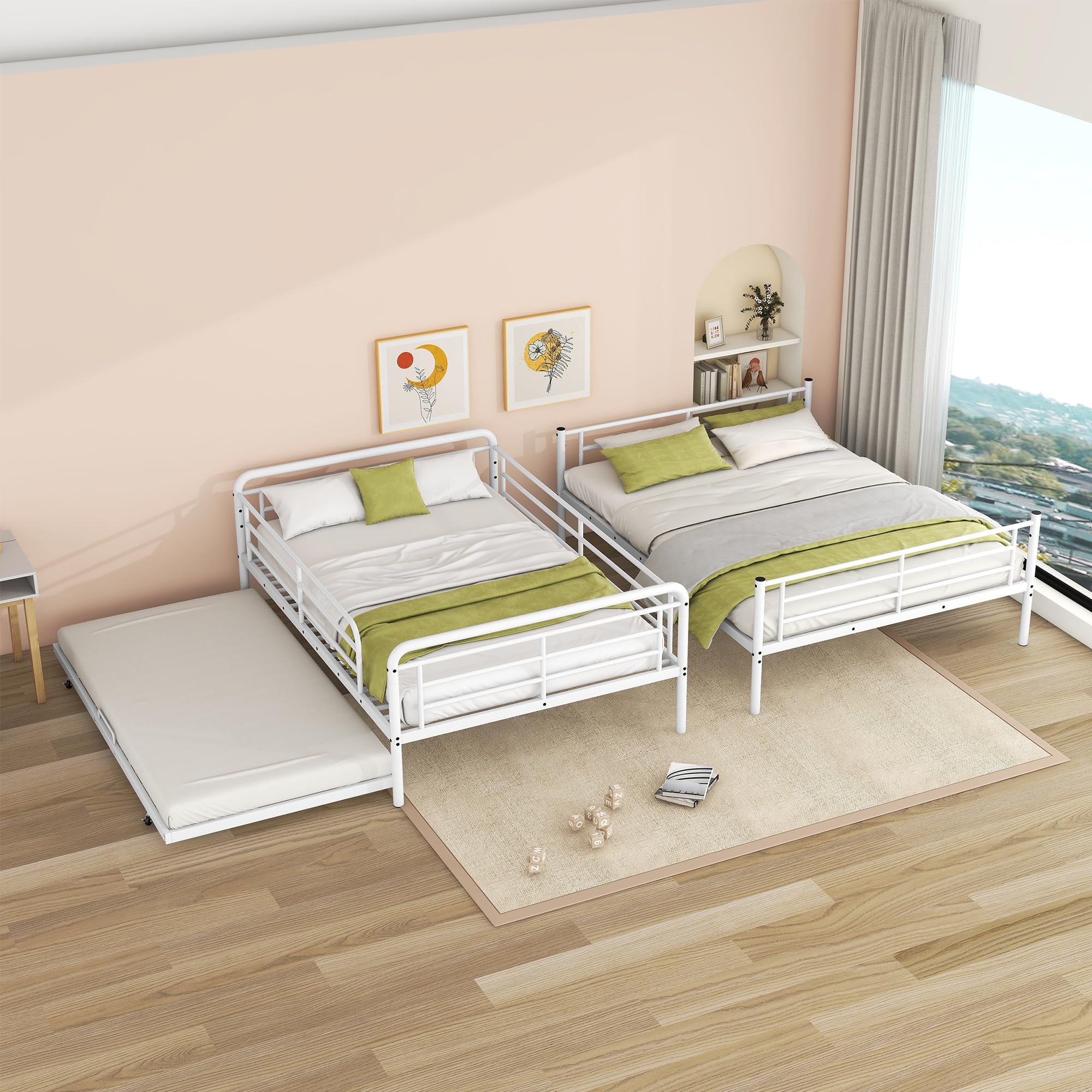 Merax Full XL Over Queen Metal Bunk Bed Frame with Twin Size Trundle & Full-Length Guardrails - Sturdy Space-Saving Bunk Bed for Teens, Kids, Boys & Girls - Perfect for Dorms, Guest Rooms & Small Bedrooms (White)