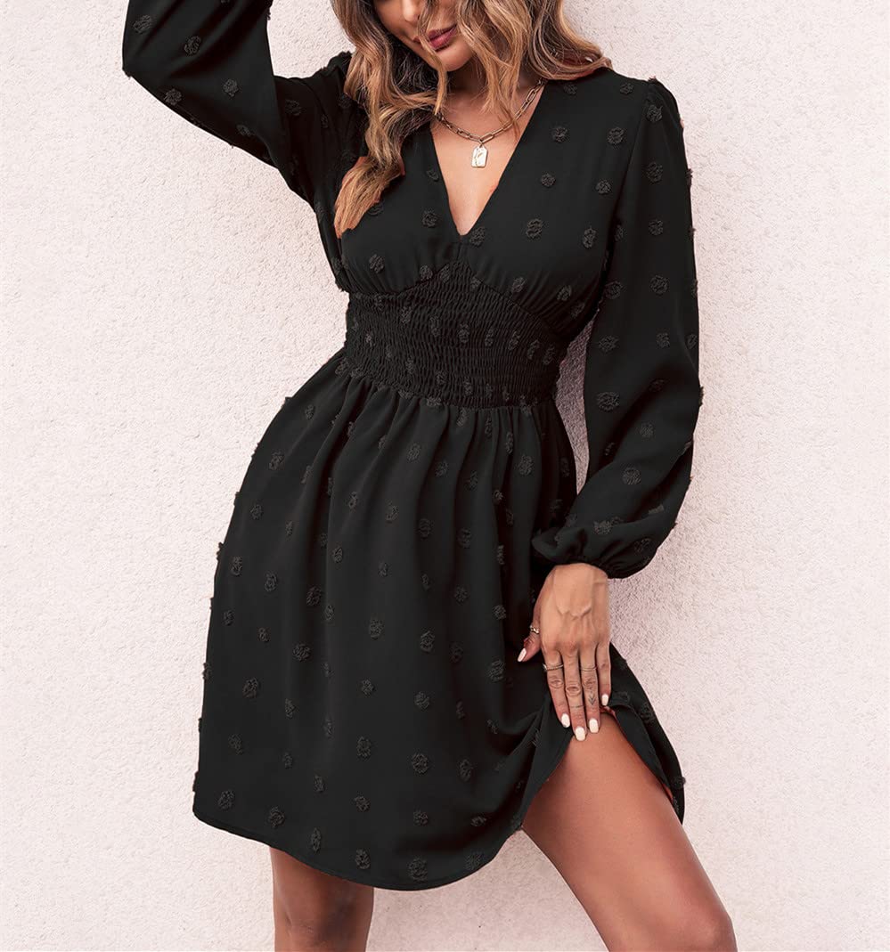 Women's V-Neck Long Sleeve Tunic Dress - High Waist Polka Dot Swing Mini Dress for Spring & Summer | Casual Flowy Dress for Work, Date Night & Outdoor Activities