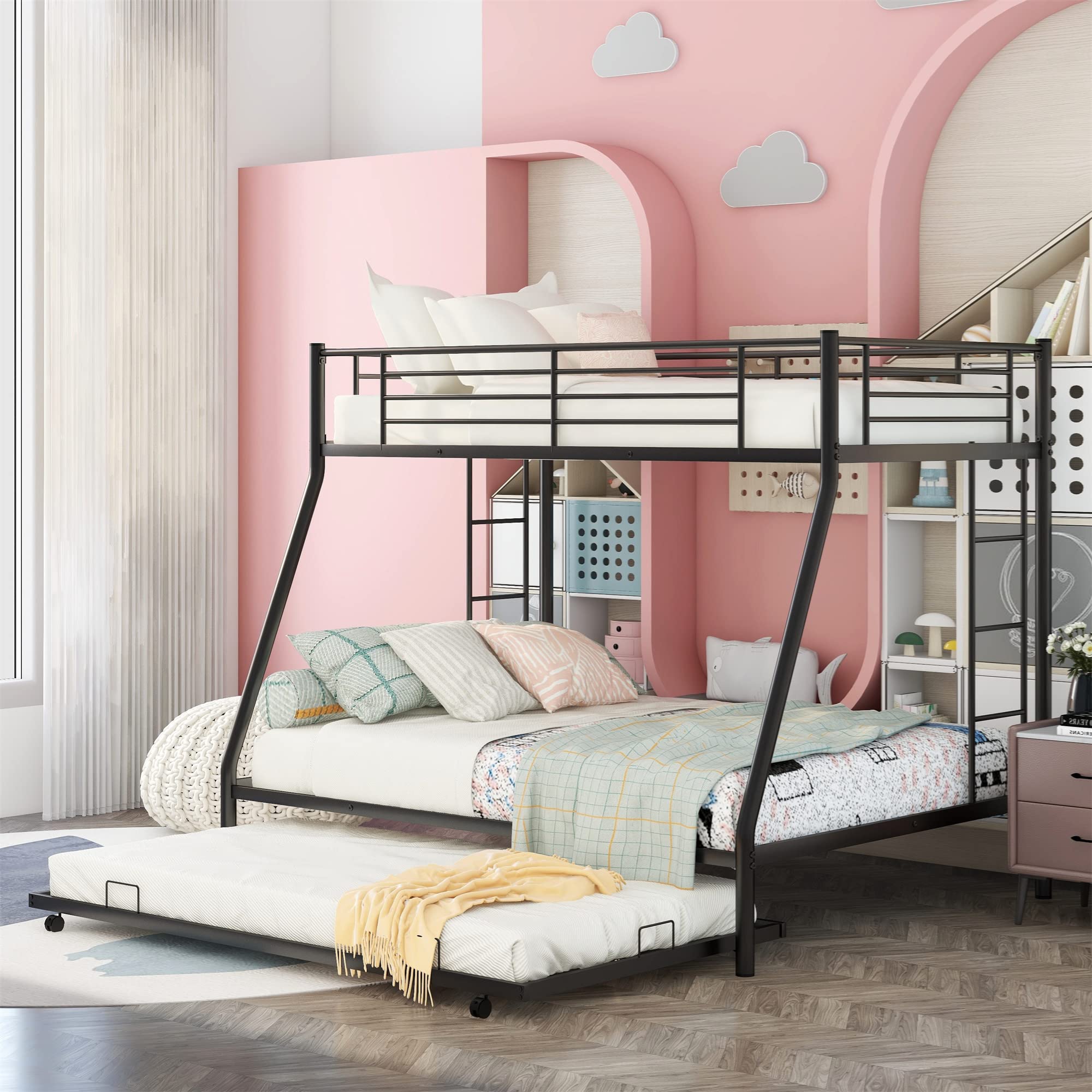 Harper & Bright Designs Low Bunk Beds Twin Over Full Size - Sturdy Metal Bunk Bed with Twin Trundle, No Box Spring Required (Black) - Perfect for Kids' Bedrooms, Guest Rooms & Small Spaces