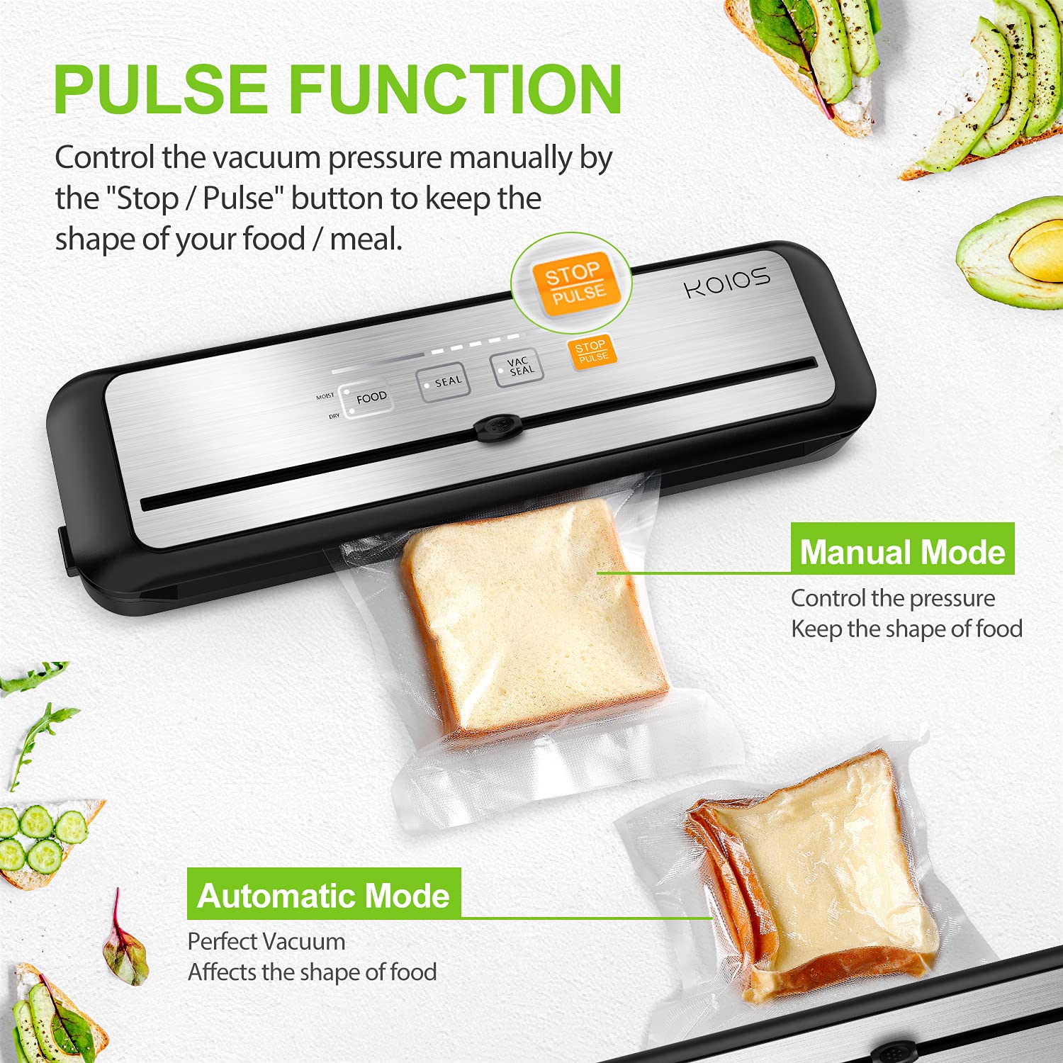KOIOS 90Kpa Automatic Vacuum Sealer Machine with Cutter - 8-in-1 Food Saver for Dry & Moist Foods | Compact Design, LED Indicator, Pulse Function | Includes 10 Vacuum Bags | Perfect for Meal Prep, Sous Vide & Food Storage (Silver)