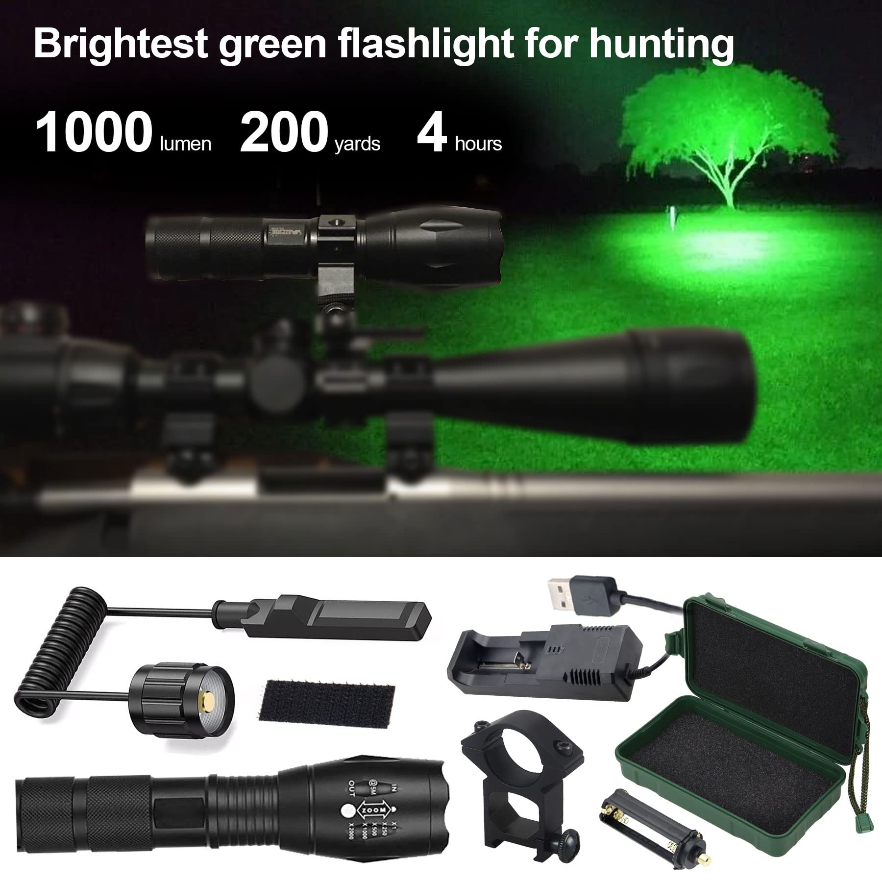 VASTFIRE 350 Yard Green Hunting Light - Zoomable Flashlight for Hog & Predator Hunting with Pressure Switch, Picatinny Rail Mount & 1-30mm Scope Mount - Perfect for Night Hunting, Tactical Missions & Outdoor Adventures (Includes Carrying Case)