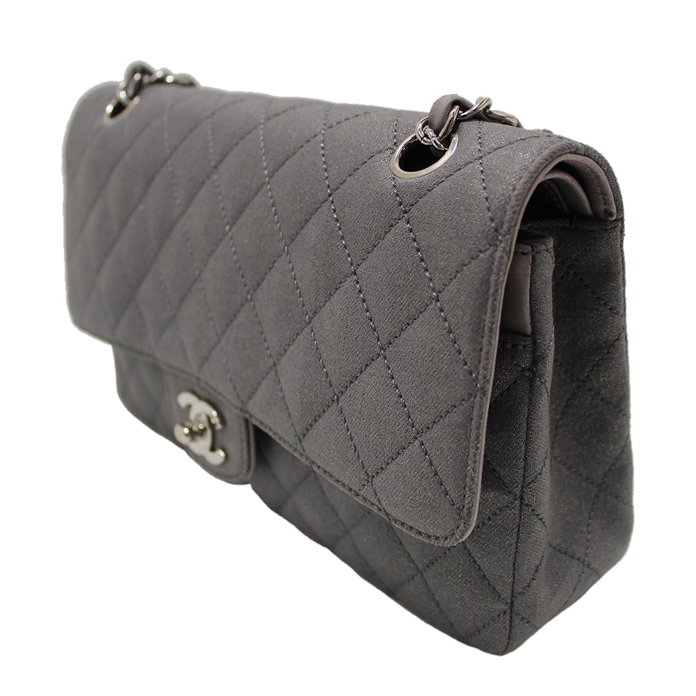 Authentic Chanel Grey Glitter Canvas Medium Classic Flap Shoulder Chain Bag for Women | Luxury Designer Handbag for Parties, Weddings & Evening Events