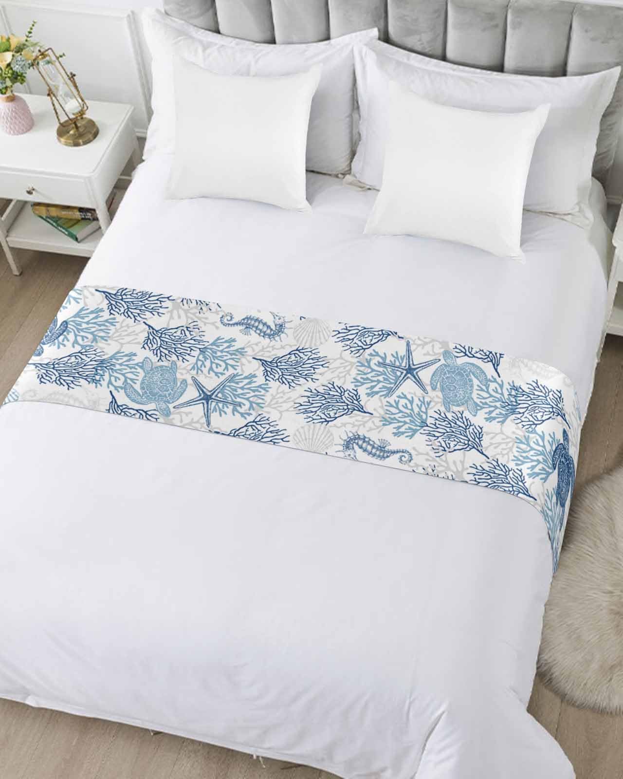 Navy Blue & Grey Coastal Bed Runner for California King Size Beds - 102 x 20 Inch Nautical Sea Turtle Design Summer Beach Bed Scarf Throw - Perfect for Hotels, Guest Rooms & Coastal Home Decor